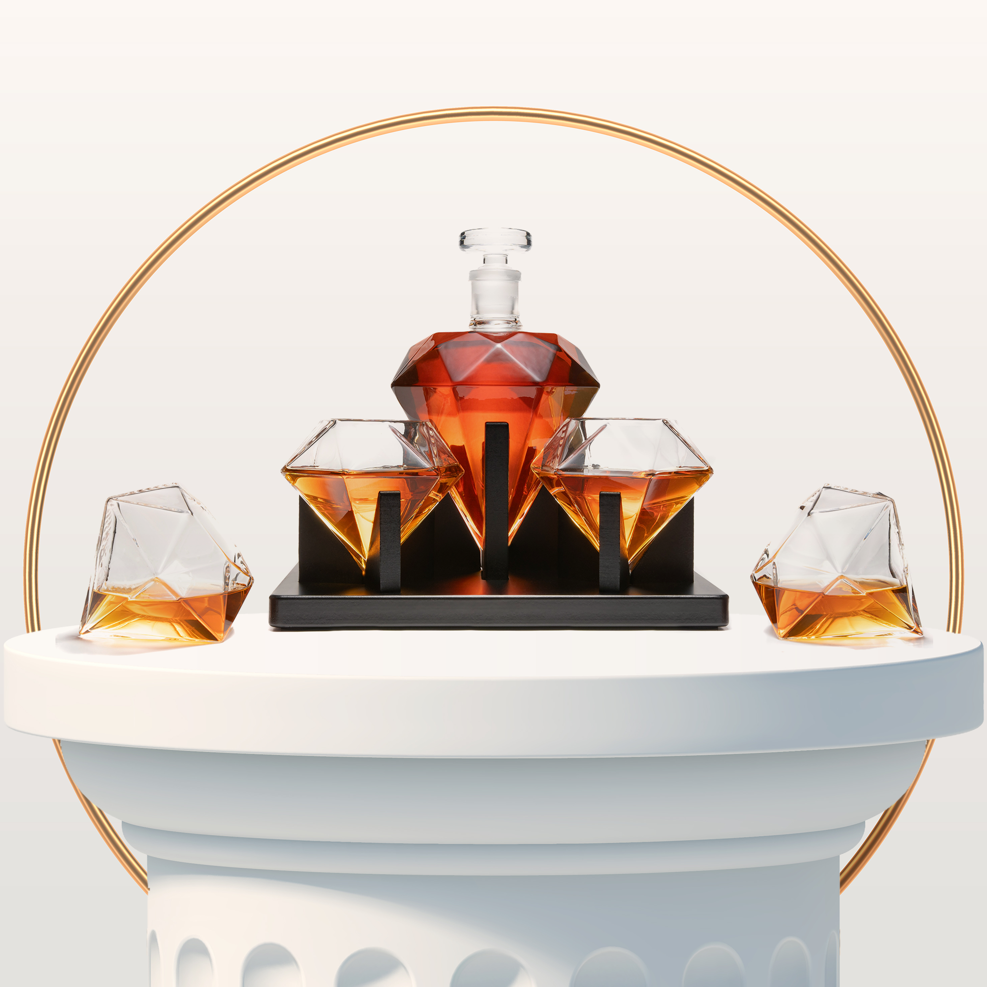 Don Vassie Diamond Shaped Decanter 850ml with 4 matching glasses and an intrinsically designed wooden display.