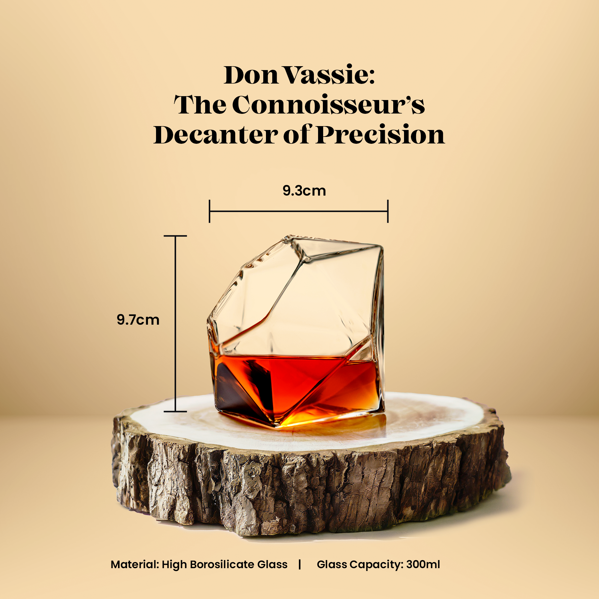 Don Vassie Diamond Shaped Decanter 850ml with 4 matching glasses and an intrinsically designed wooden display.
