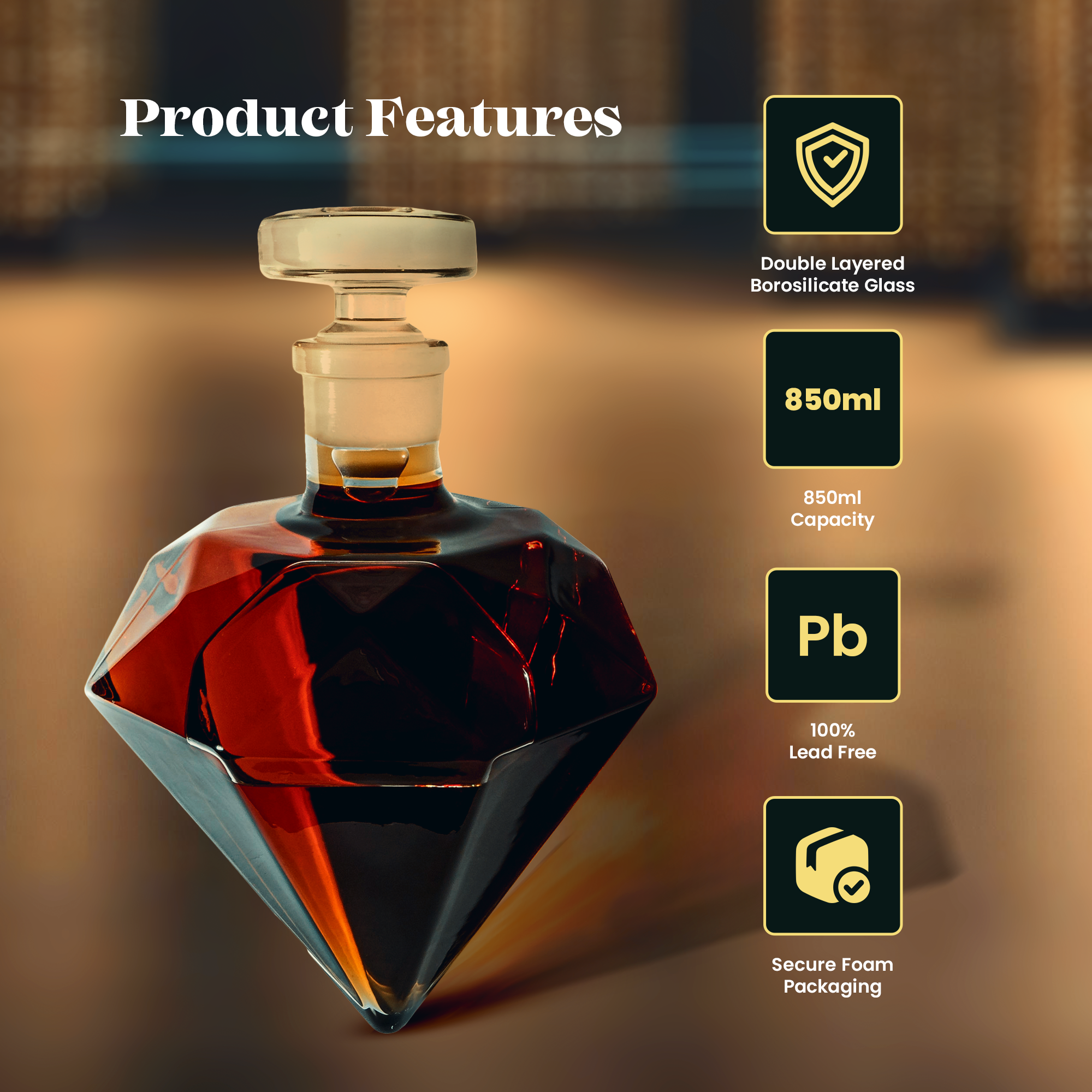 Don Vassie Diamond Shaped Decanter 850ml with 4 matching glasses and an intrinsically designed wooden display.