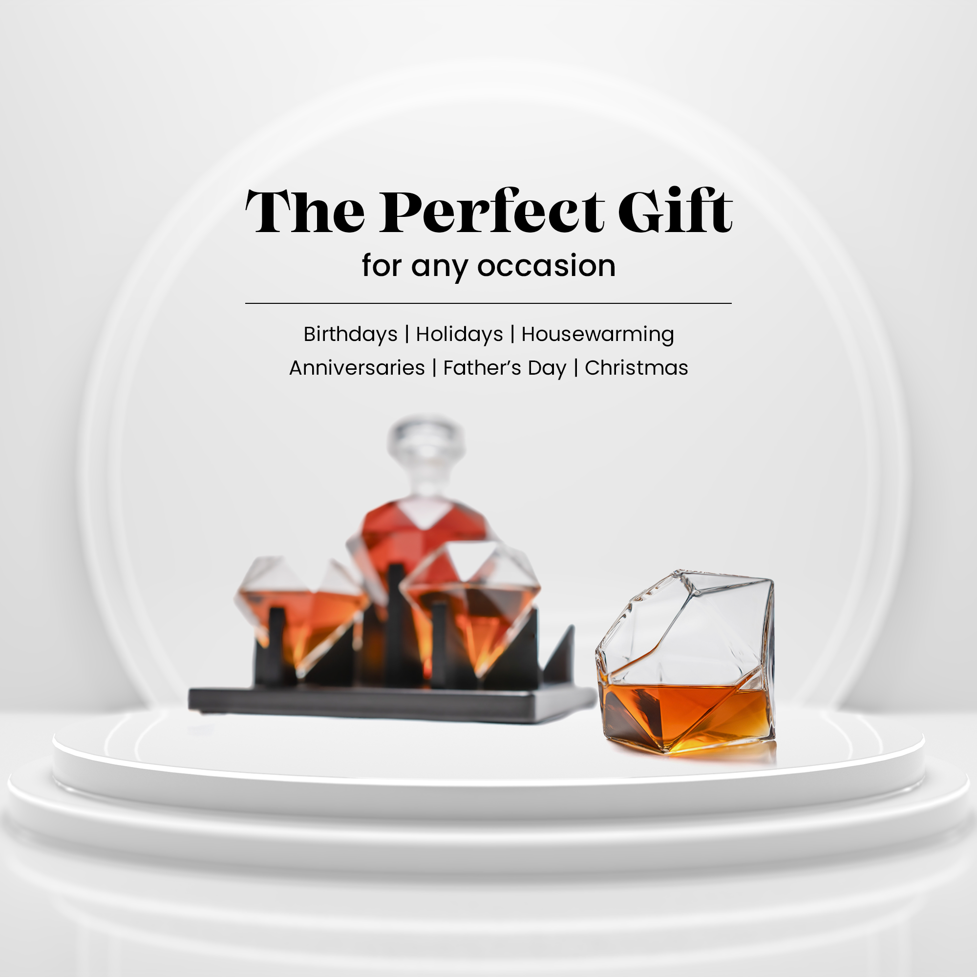 Don Vassie Diamond Shaped Decanter 850ml with 4 matching glasses and an intrinsically designed wooden display.