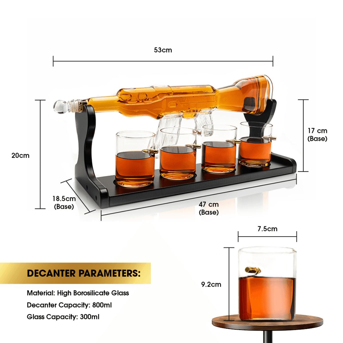 Limited Edition Rifle Gun Decanter 800ml with 4 Bullet Glasses and elegant wooden display