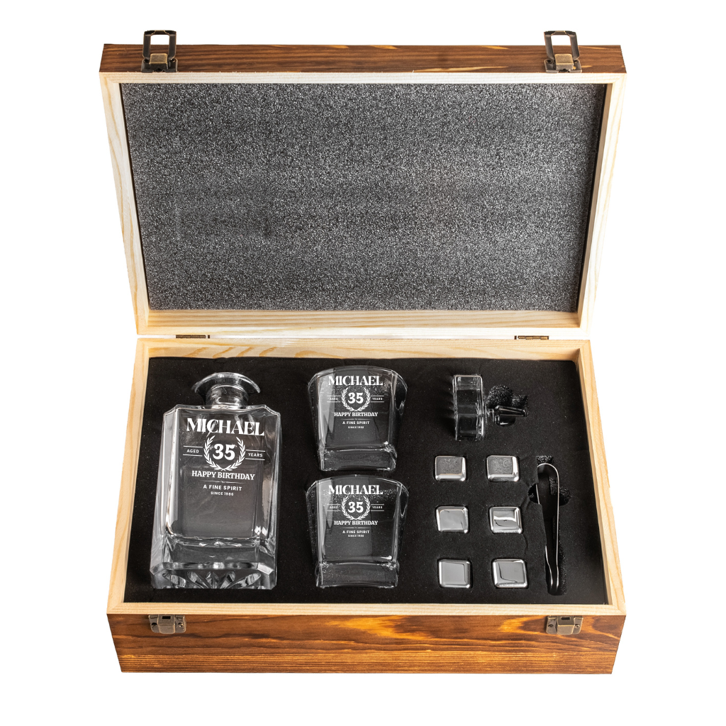 Custom Engraved Elegant Whiskey Decanter Set with Stainless Steel Stones and a Wooden Gift Box