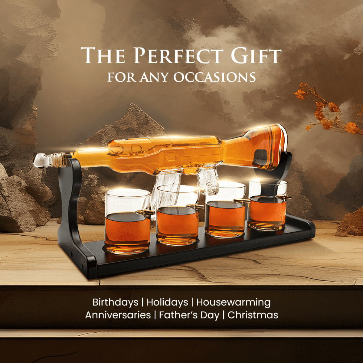 Limited Edition Rifle Gun Decanter 800ml with 4 Bullet Glasses and elegant wooden display