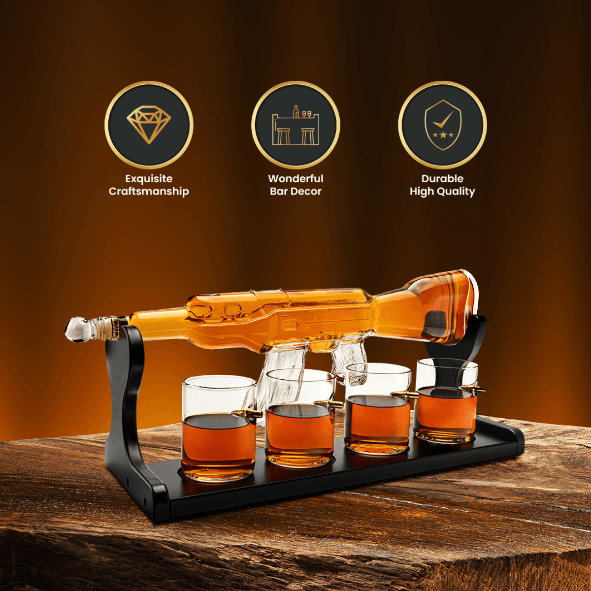 Limited Edition Rifle Gun Decanter 800ml with 4 Bullet Glasses and elegant wooden display