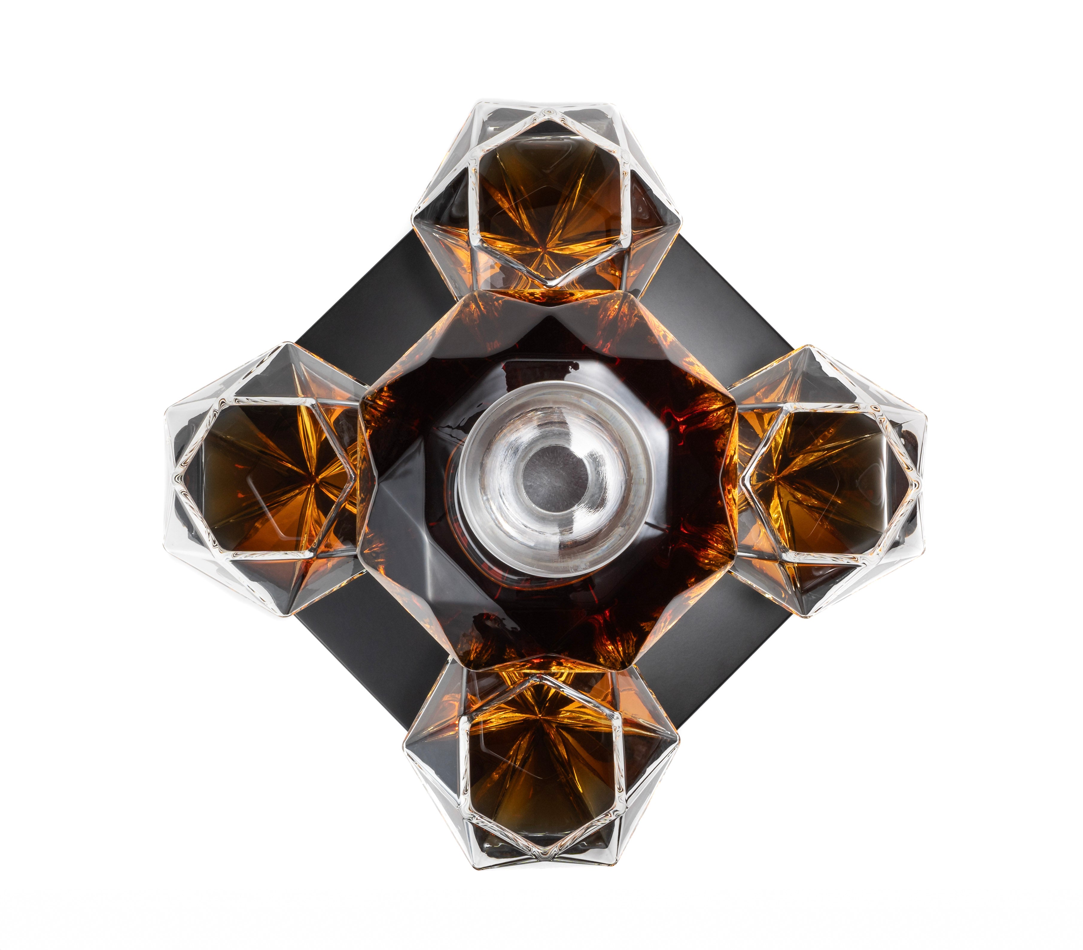 Don Vassie Diamond Shaped Decanter 850ml with 4 matching glasses and an intrinsically designed wooden display.
