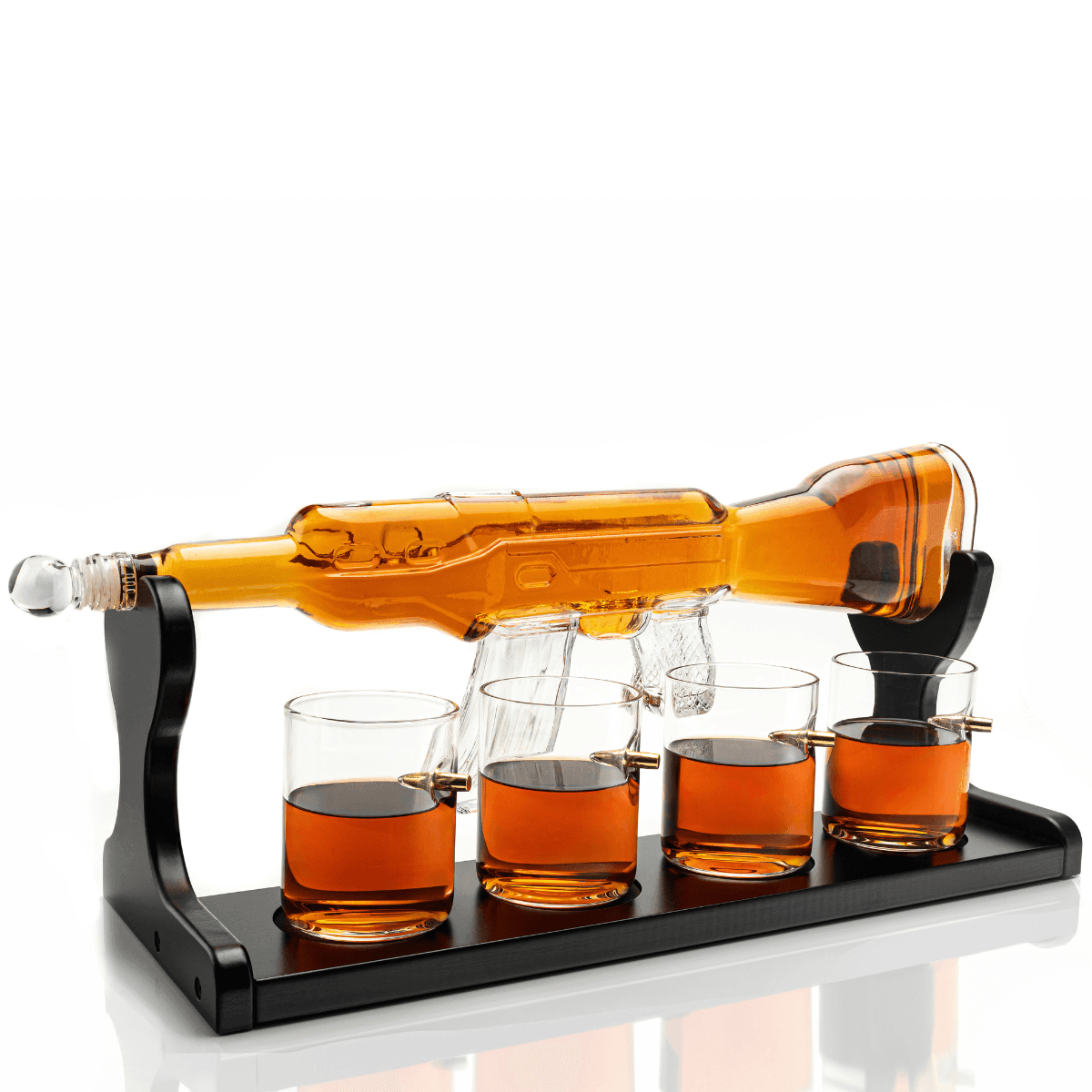 Limited Edition Rifle Gun Decanter 800ml with 4 Bullet Glasses and elegant wooden display