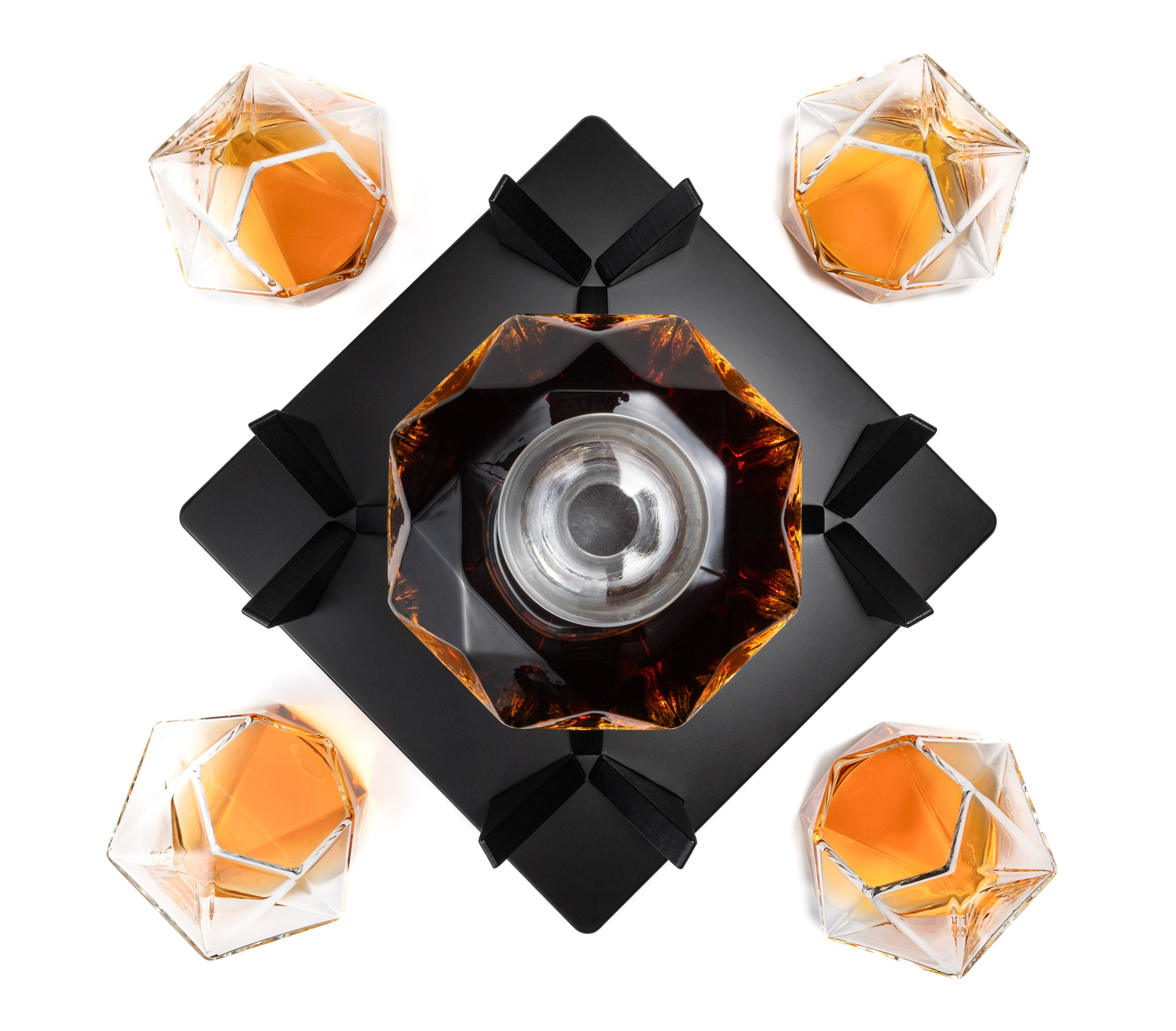 Don Vassie Diamond Shaped Decanter 850ml with 4 matching glasses and an intrinsically designed wooden display.