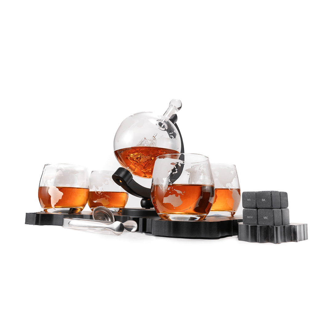 Don Vassie's Limited Edition  Globe Whiskey Decanter Set Australia Map 4 Glasses- Exclusive Decanter and Whisky Set in Australia