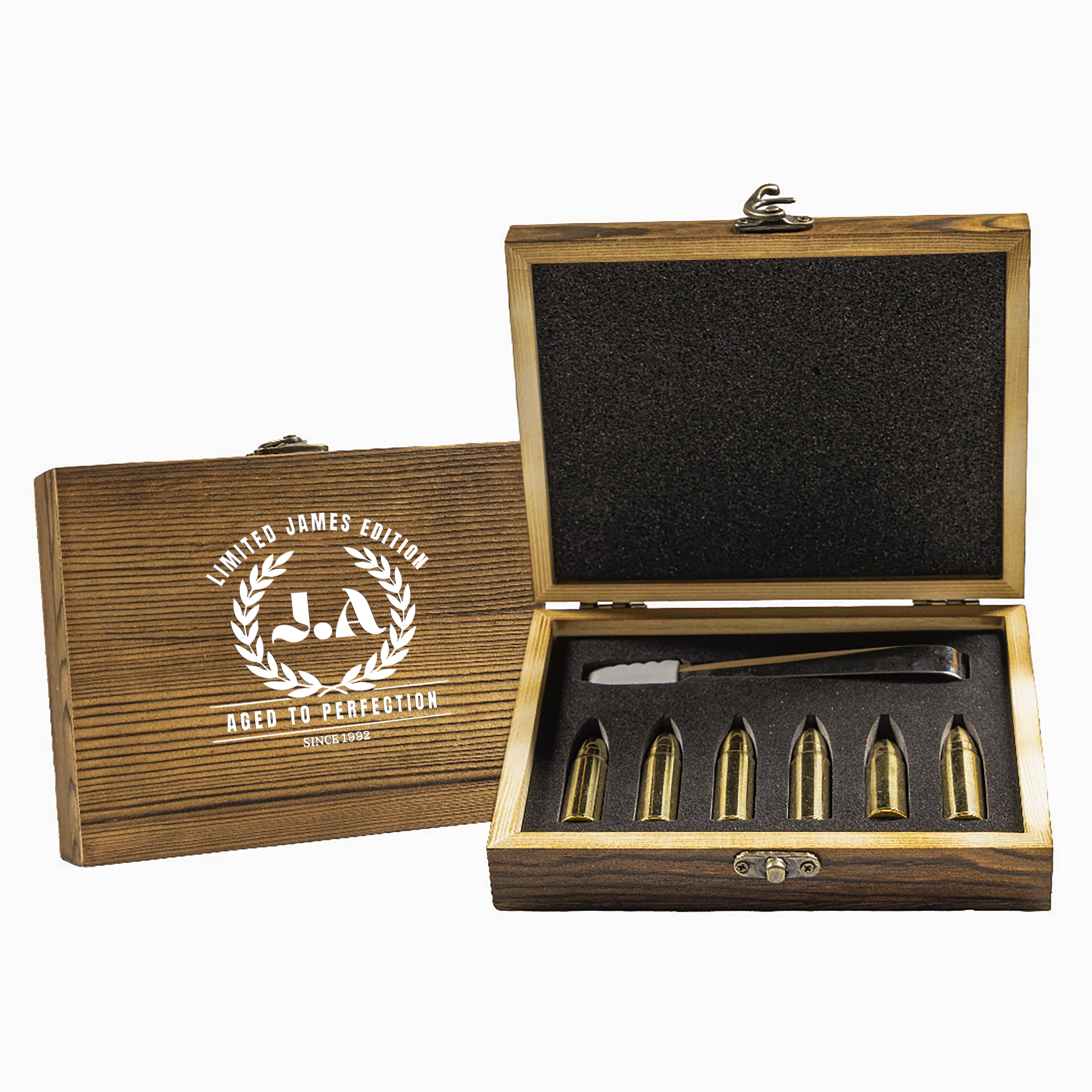 Custom Engraved XL Gold Whisky Bullet Chillers 6 Pieces with Tong and a Luxury Wooden Box