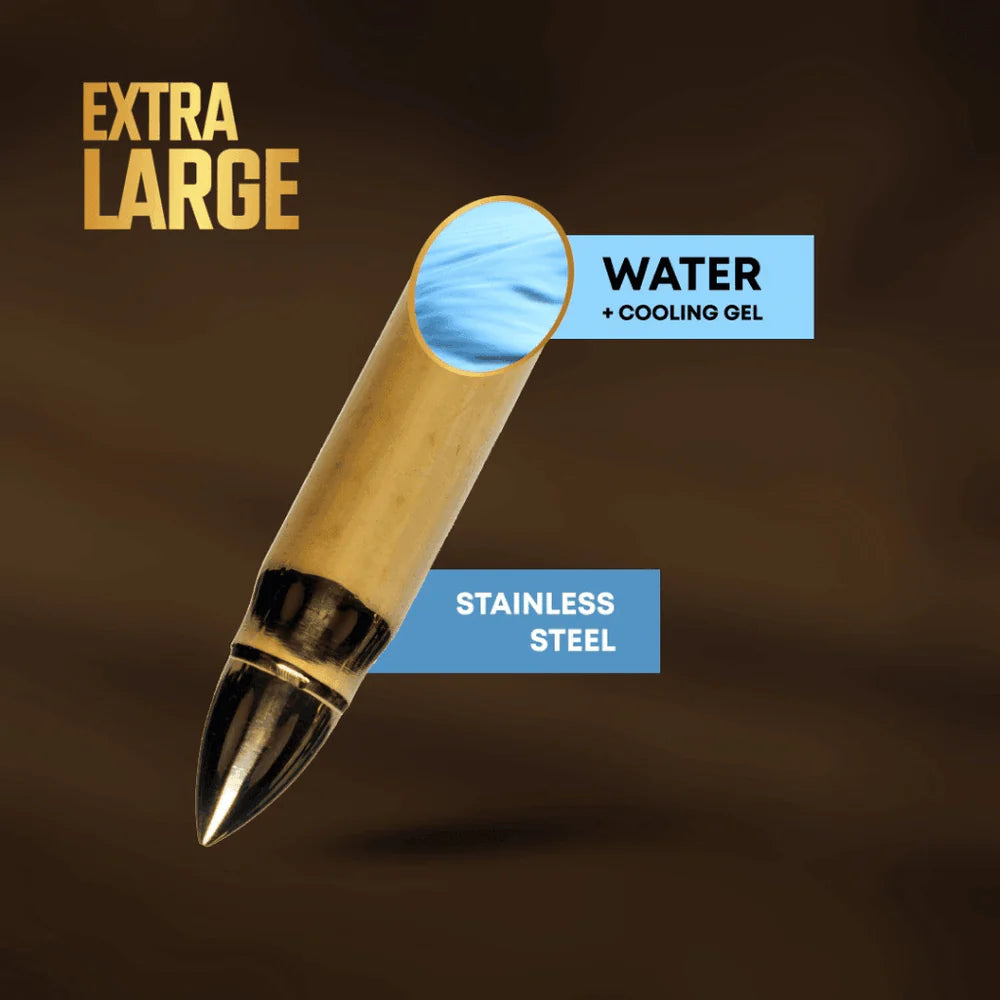 Custom Engraved XL Gold Whisky Bullet Chillers 6 Pieces with Tong and a Luxury Wooden Box