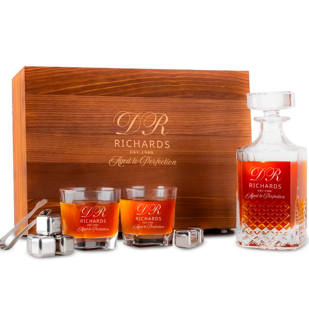 Custom Engraved Whiskey Decanter Set with Stainless Steel Stones and a Wooden Gift Box