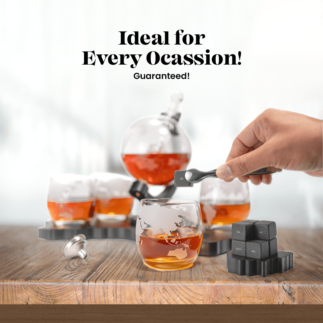 Don Vassie's Limited Edition  Globe Whiskey Decanter Set Australia Map 4 Glasses- Exclusive Decanter and Whisky Set in Australia