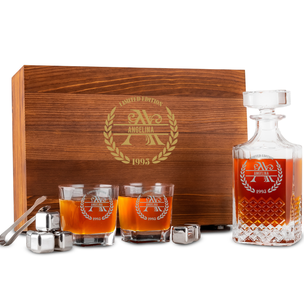 Custom Engraved Whiskey Decanter Set with Stainless Steel Stones and a Wooden Gift Box
