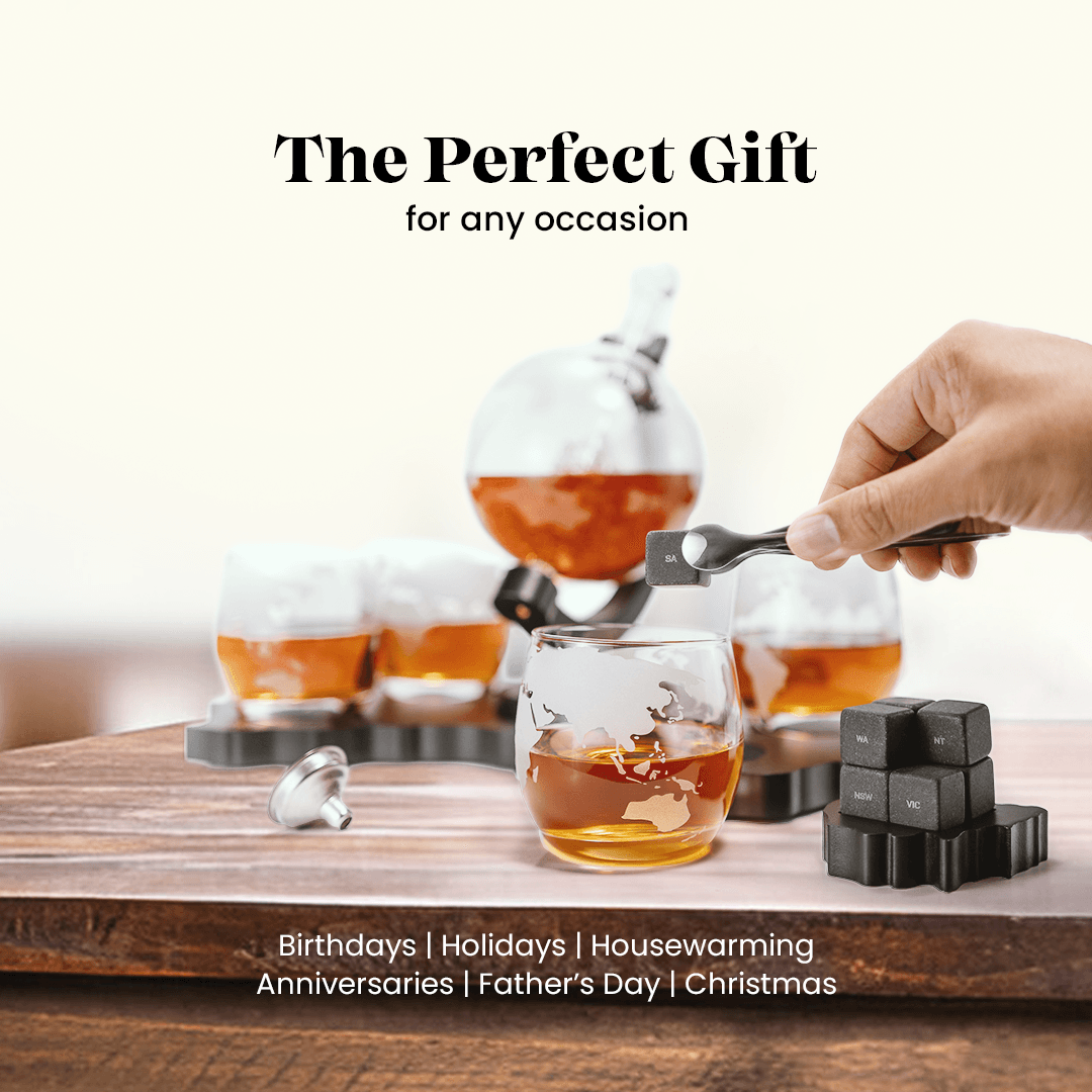 Don Vassie's Limited Edition  Globe Whiskey Decanter Set Australia Map 4 Glasses- Exclusive Decanter and Whisky Set in Australia