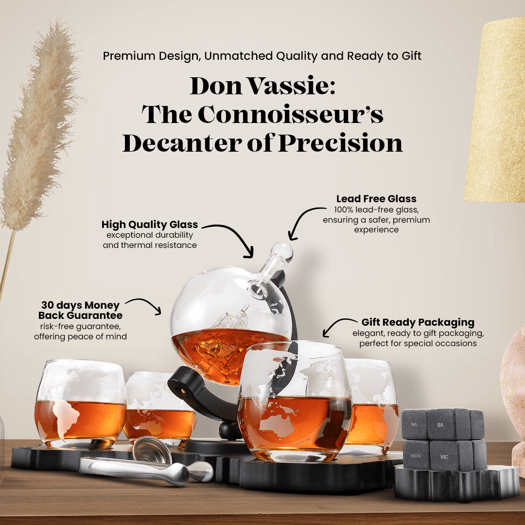 Don Vassie's Limited Edition  Globe Whiskey Decanter Set Australia Map 4 Glasses- Exclusive Decanter and Whisky Set in Australia