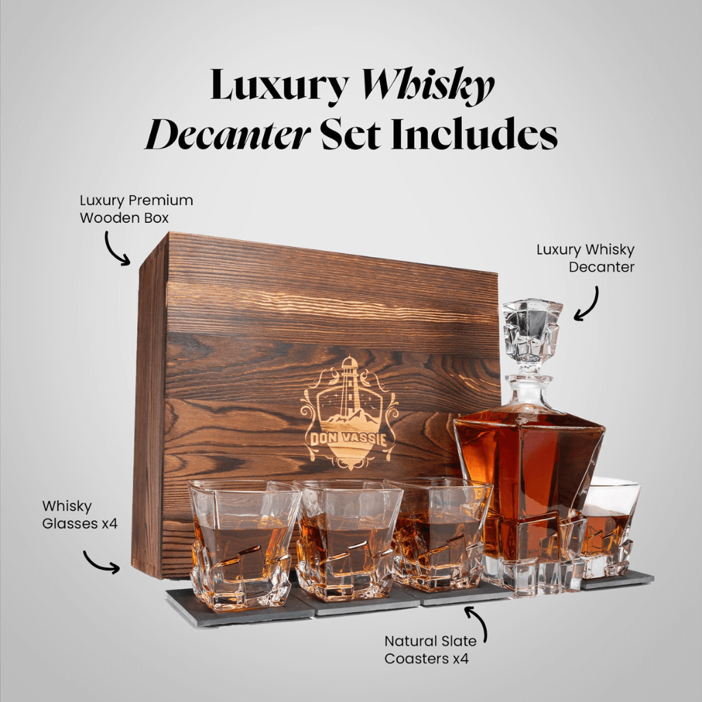 DON VASSIE LUXURY WHISKY DECANTER SET WITH 4 GLASSES-MOUNT KOSCIUSZKO