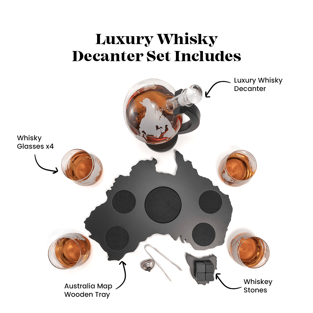 Don Vassie's Limited Edition  Globe Whiskey Decanter Set Australia Map 4 Glasses- Exclusive Decanter and Whisky Set in Australia