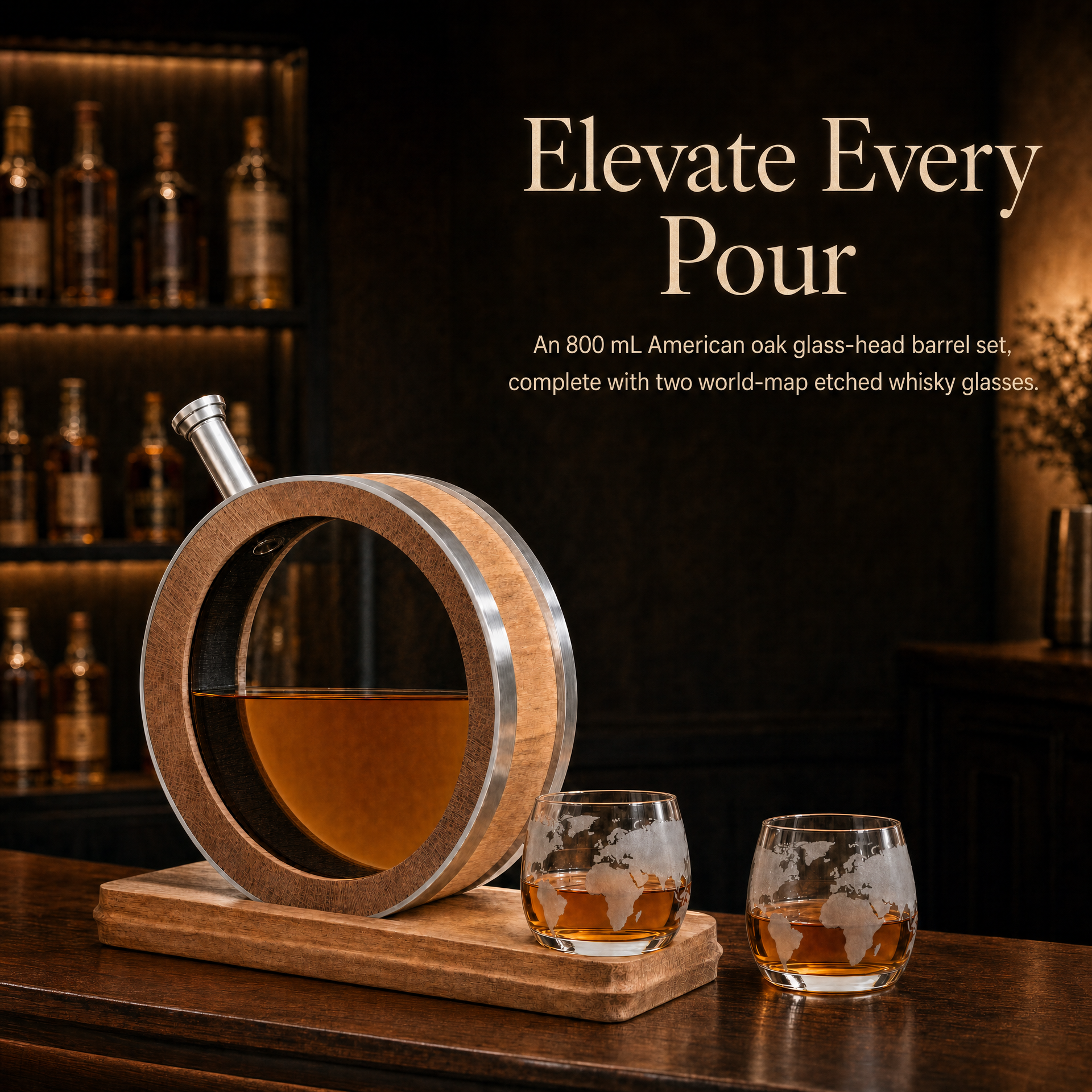 Premium Glass Head American Oak Barrel – 800 mL with Two-Glass Set. PRE-ORDER