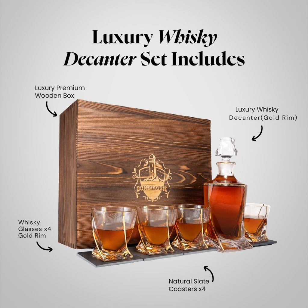 Don Vassie Gold Line Plated Luxury Whiskey Decanter Set -Twisted City