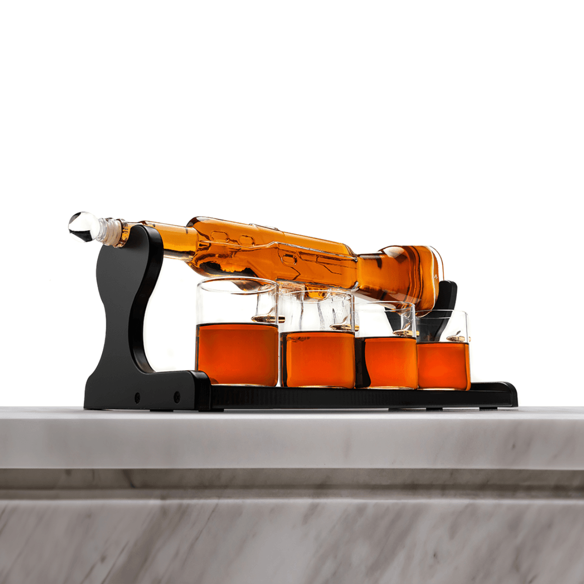 Limited Edition Rifle Gun Decanter 800ml with 4 Bullet Glasses and elegant wooden display