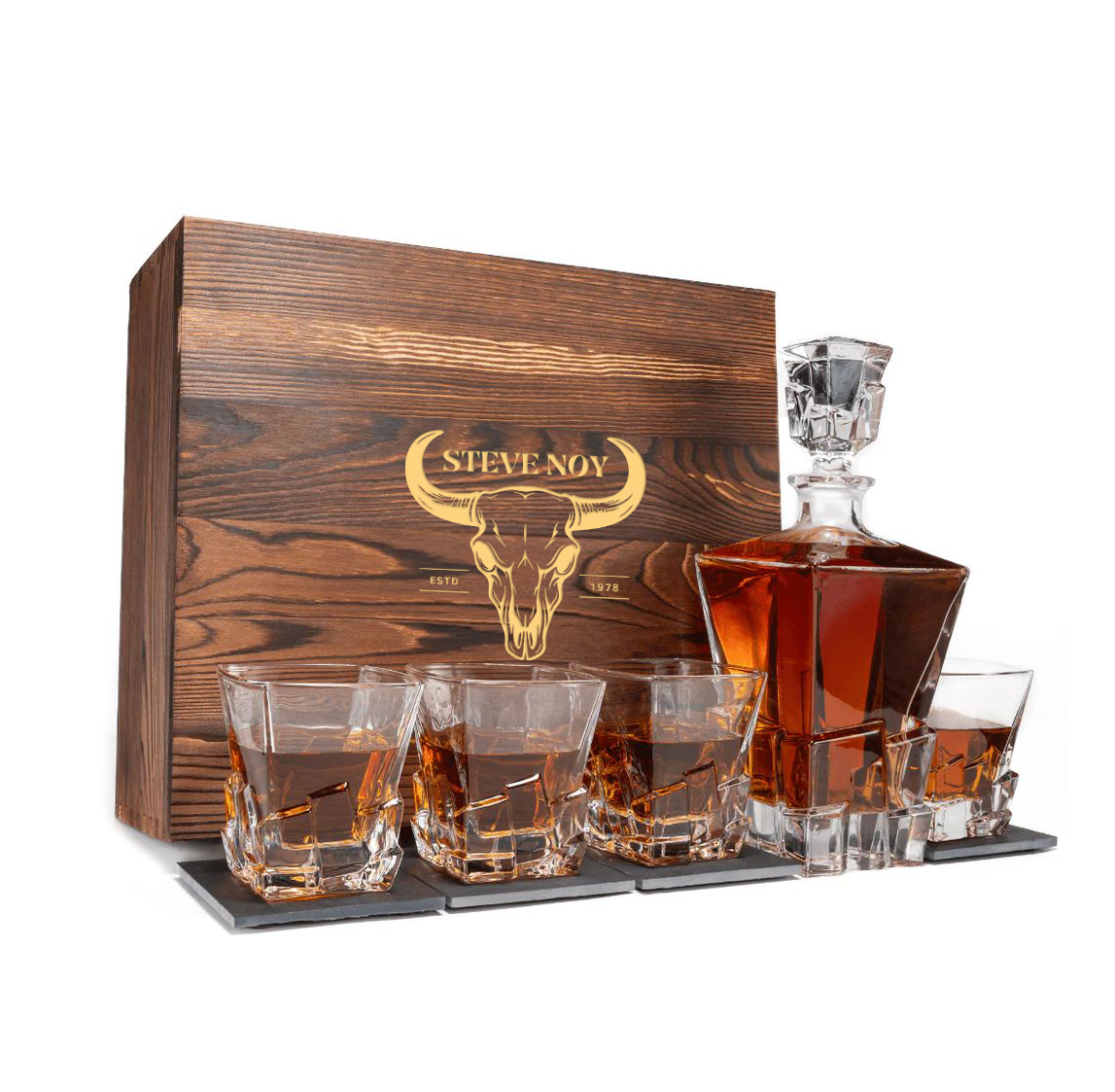 CUSTOM ENGRAVED LUXURY WHISKY DECANTER SET WITH 4 GLASSES-MOUNT KOSCIUSZKO(WOODEN BOX ONLY)