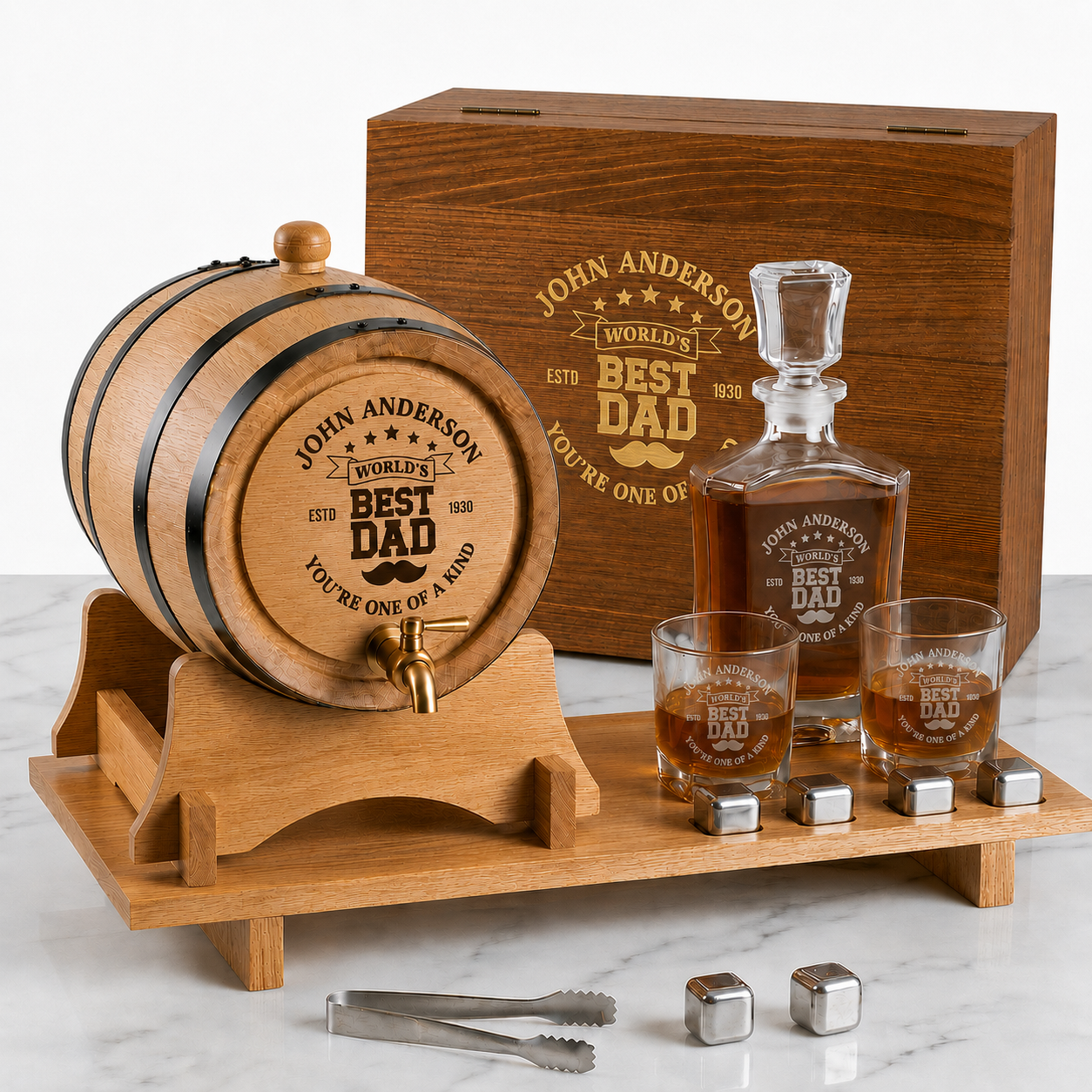 The Ultimate Father's Day Whisky Experience Set – Personalised Oak Barrel & Decanter Bundle