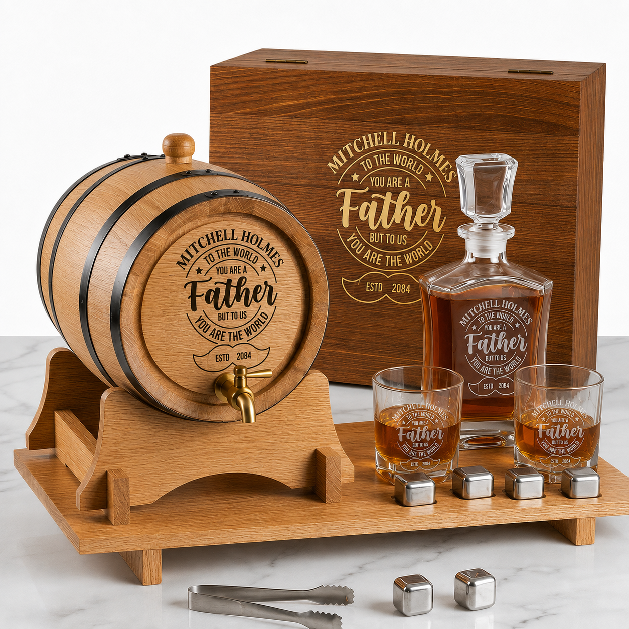 The Ultimate Father's Day Whisky Experience Set – Personalised Oak Barrel & Decanter Bundle