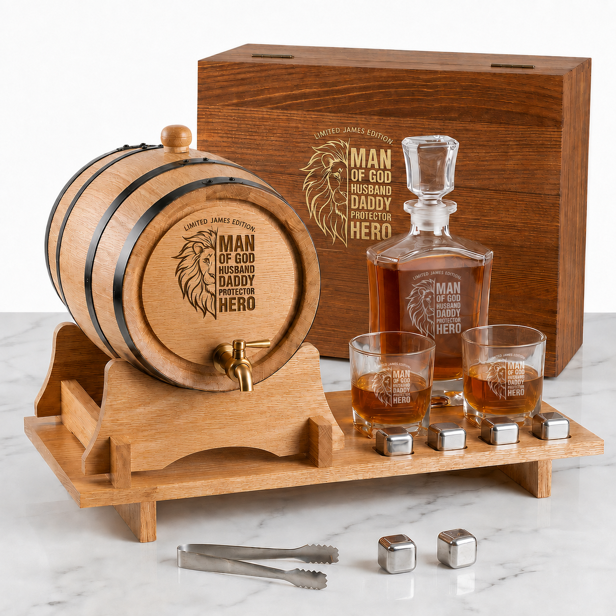 The Ultimate Father's Day Whisky Experience Set – Personalised Oak Barrel & Decanter Bundle