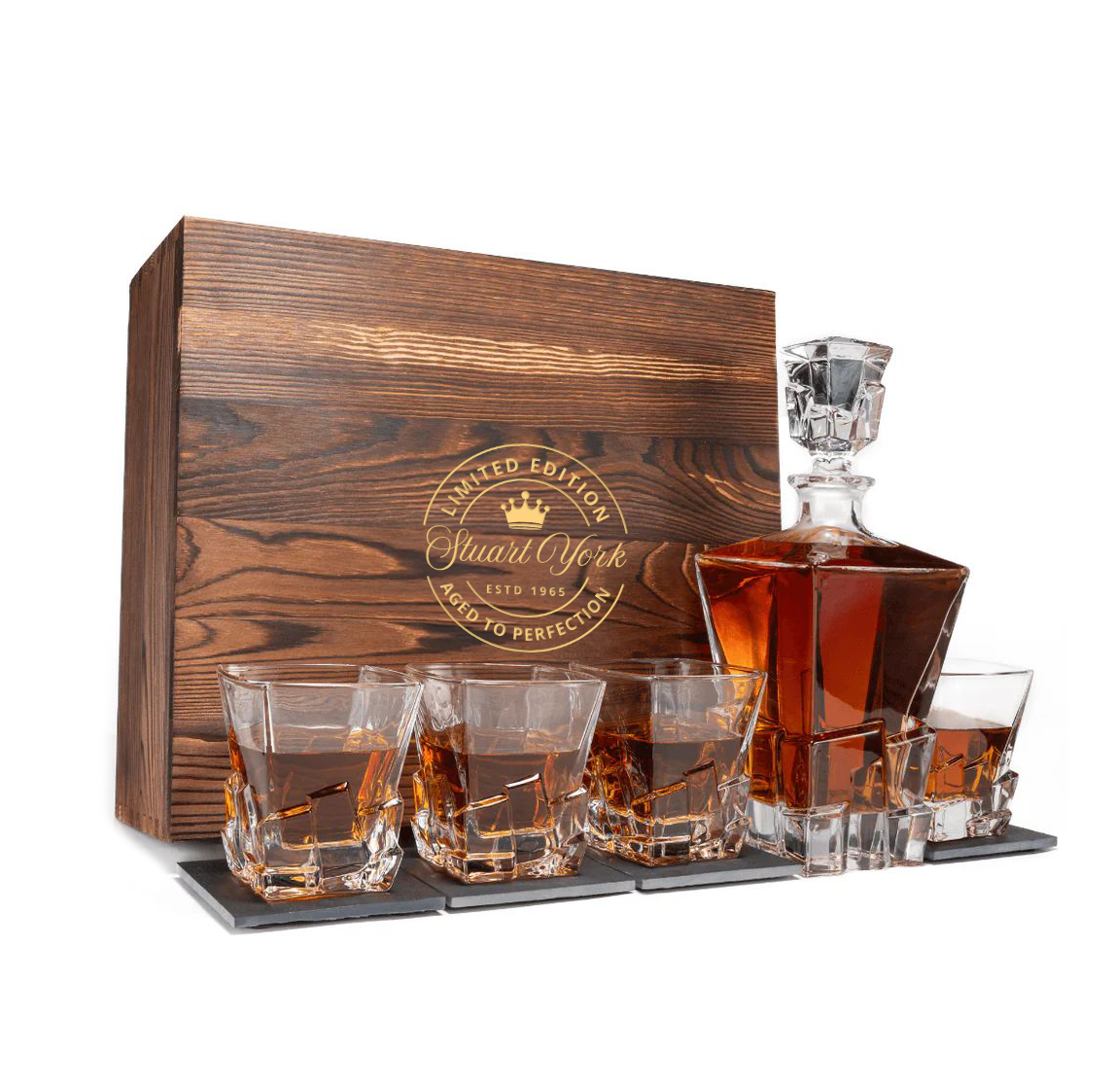 CUSTOM ENGRAVED LUXURY WHISKY DECANTER SET WITH 4 GLASSES-MOUNT KOSCIUSZKO(WOODEN BOX ONLY)