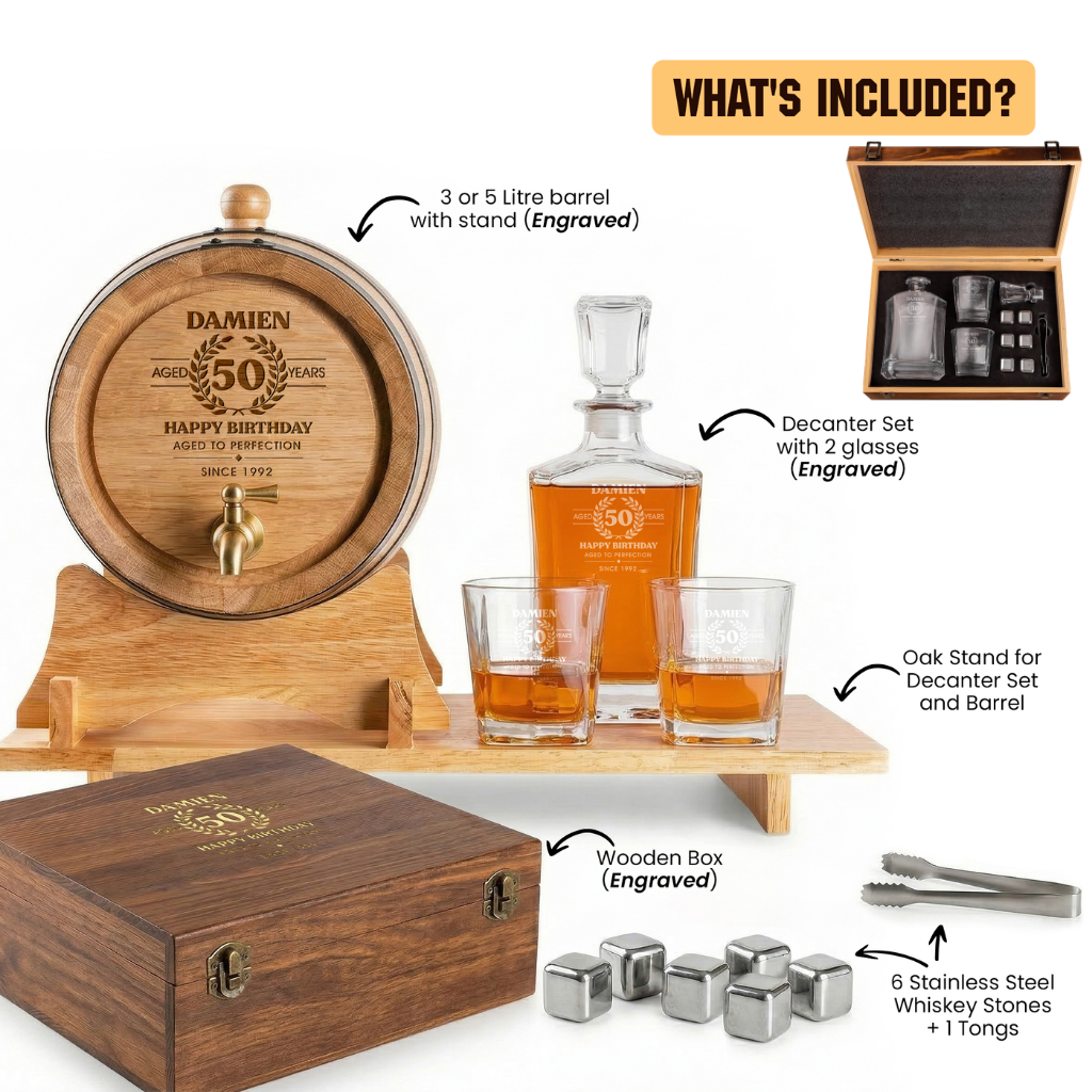 The Ultimate Whisky Experience Set – Personalised Oak Barrel & Decanter set Bundle
