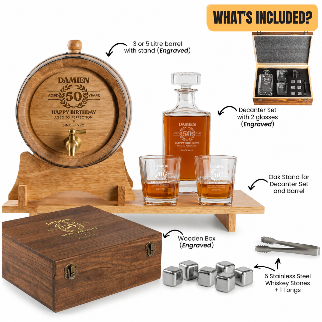 The Ultimate Whisky Experience Set – Personalised Oak Barrel & Decanter set Bundle
