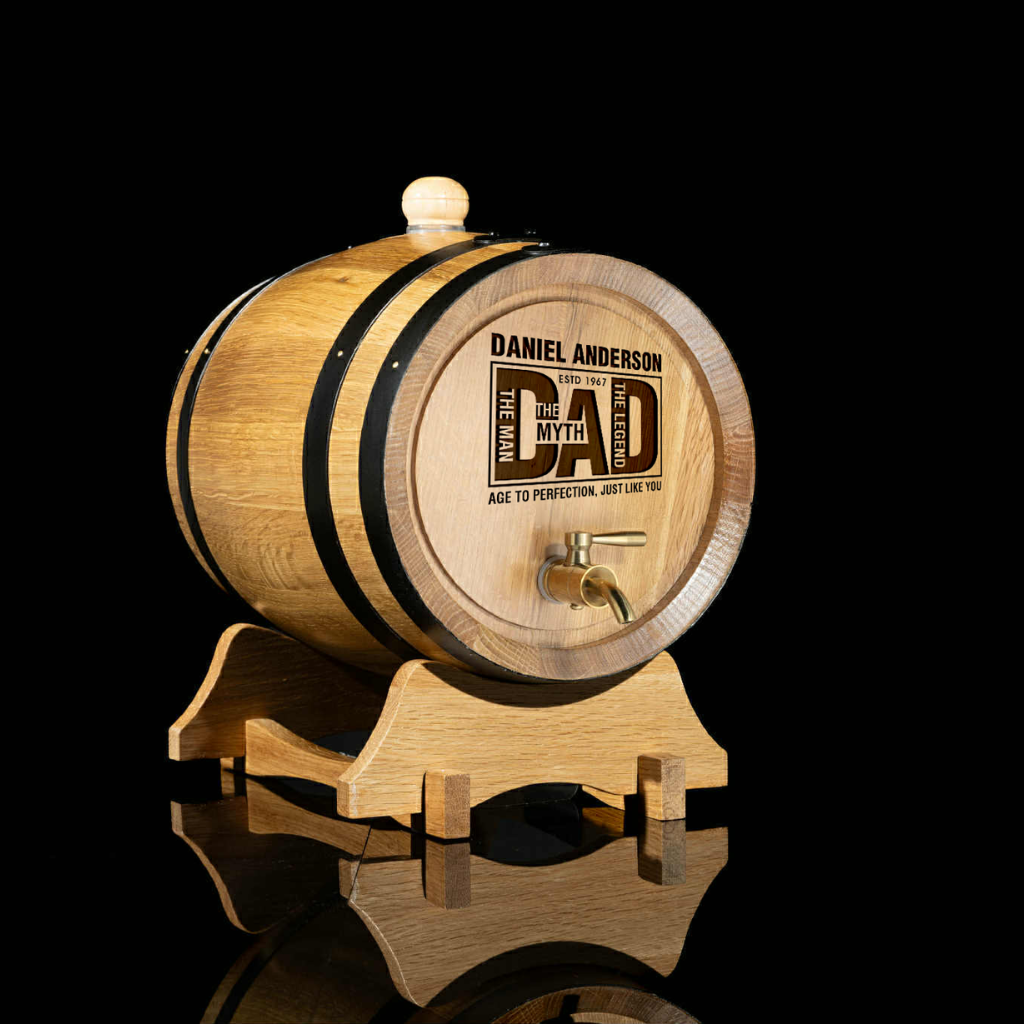 Custom Engraved Oak Barrel – “The Man. The Myth. The Legend. Dad” Edition