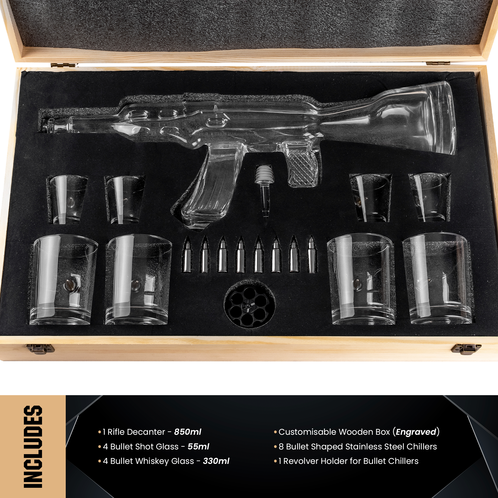 Limited Edition AK-47 Whiskey Decanter Ultimate Bundle | Gun Decanter, 4 Glasses, Bullet Chillers & Luxury Engraved Wooden Gift Box