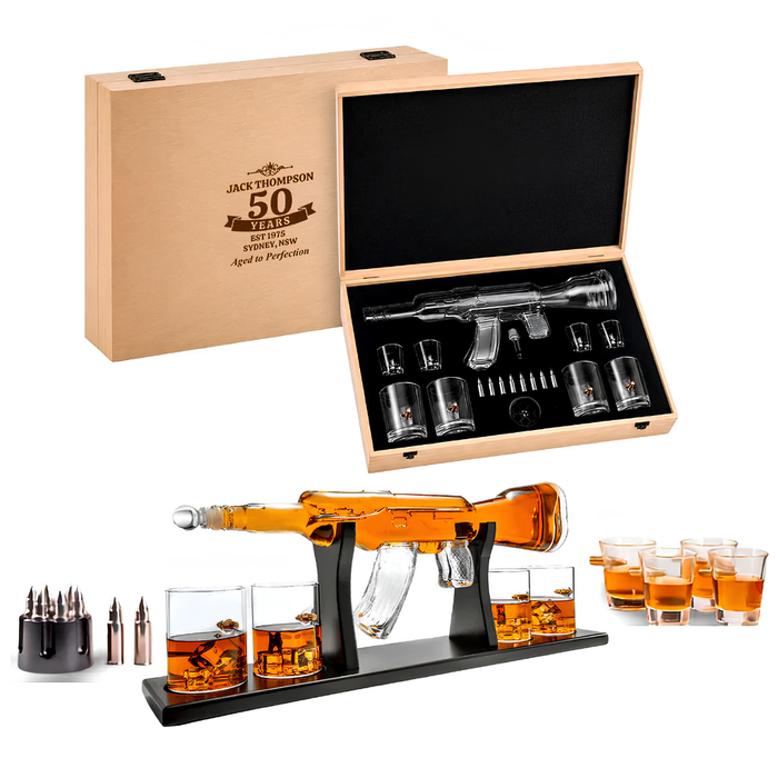 Limited Edition AK-47 Whiskey Decanter Ultimate Bundle | Gun Decanter, 4 Glasses, Bullet Chillers & Luxury Engraved Wooden Gift Box
