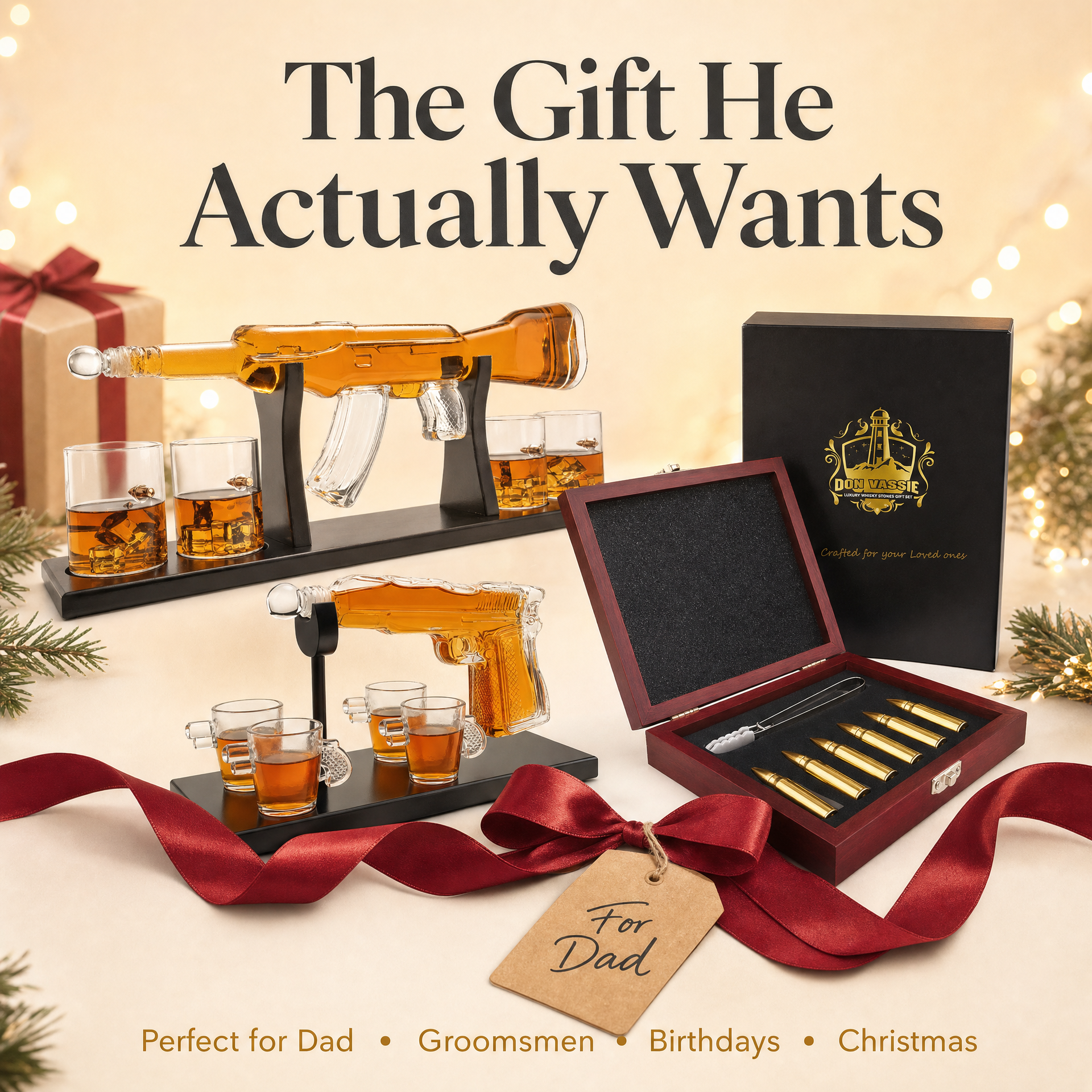 Don Vassie Ultimate Whiskey Bundle — Rifle Decanter 800ml + Pistol Decanter 220ml + Gold Bullet Chillers | 3-Piece Luxury Gift Set