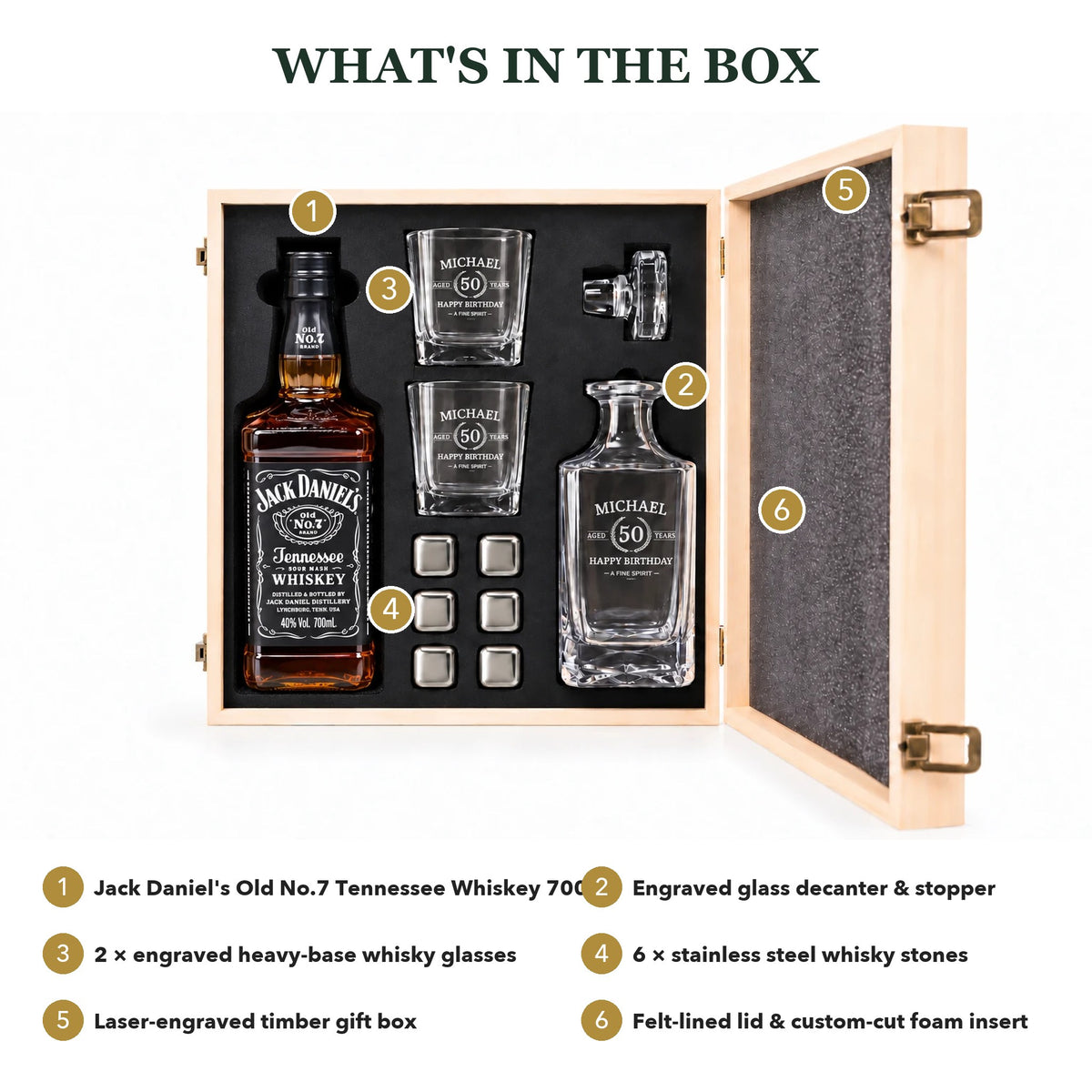 What's in the box: Jack Daniel's Old No.7 700ml, engraved decanter, 2 engraved glasses, 6 whisky stones, engraved timber box