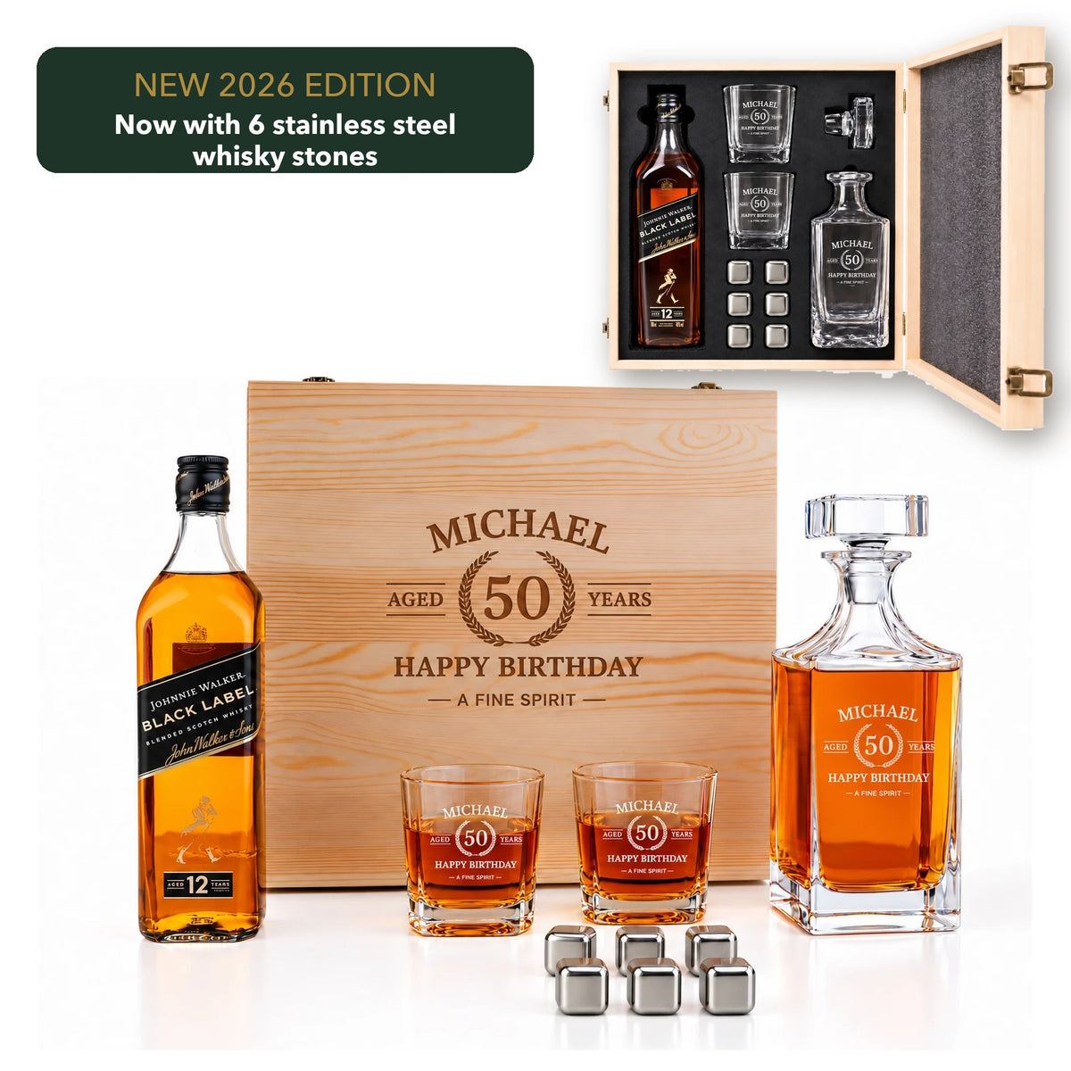 Johnnie Walker Black Label 12 personalised whisky gift set with engraved wooden box, decanter, 2 glasses and 6 whisky stones