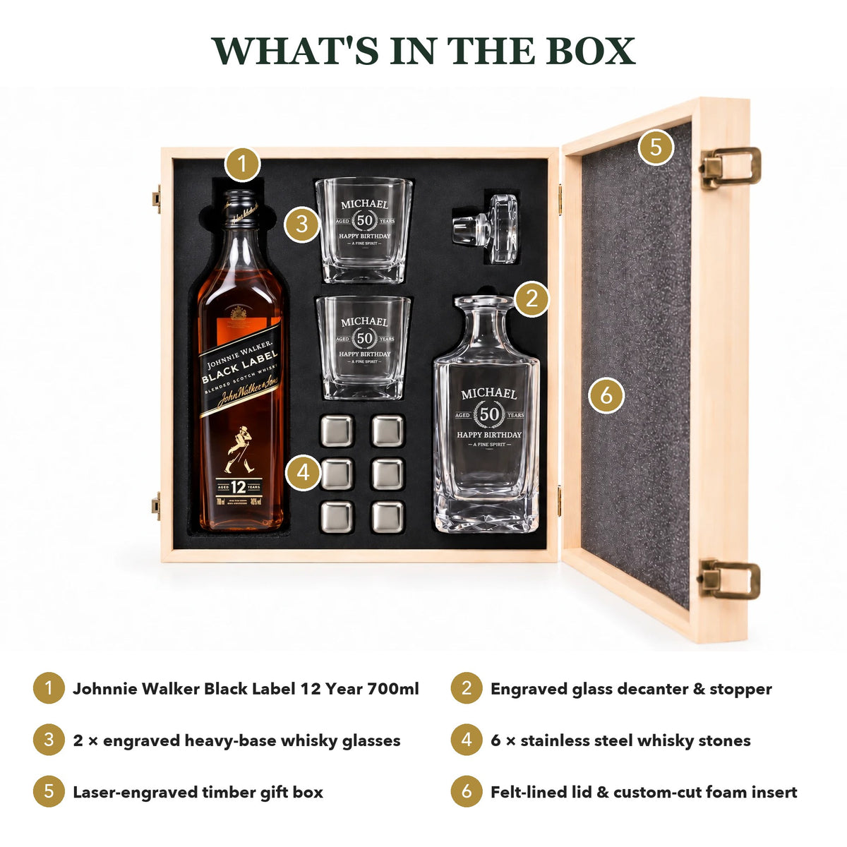 What's in the box: Johnnie Walker Black Label 12, engraved decanter, 2 engraved glasses, 6 whisky stones, engraved timber box
