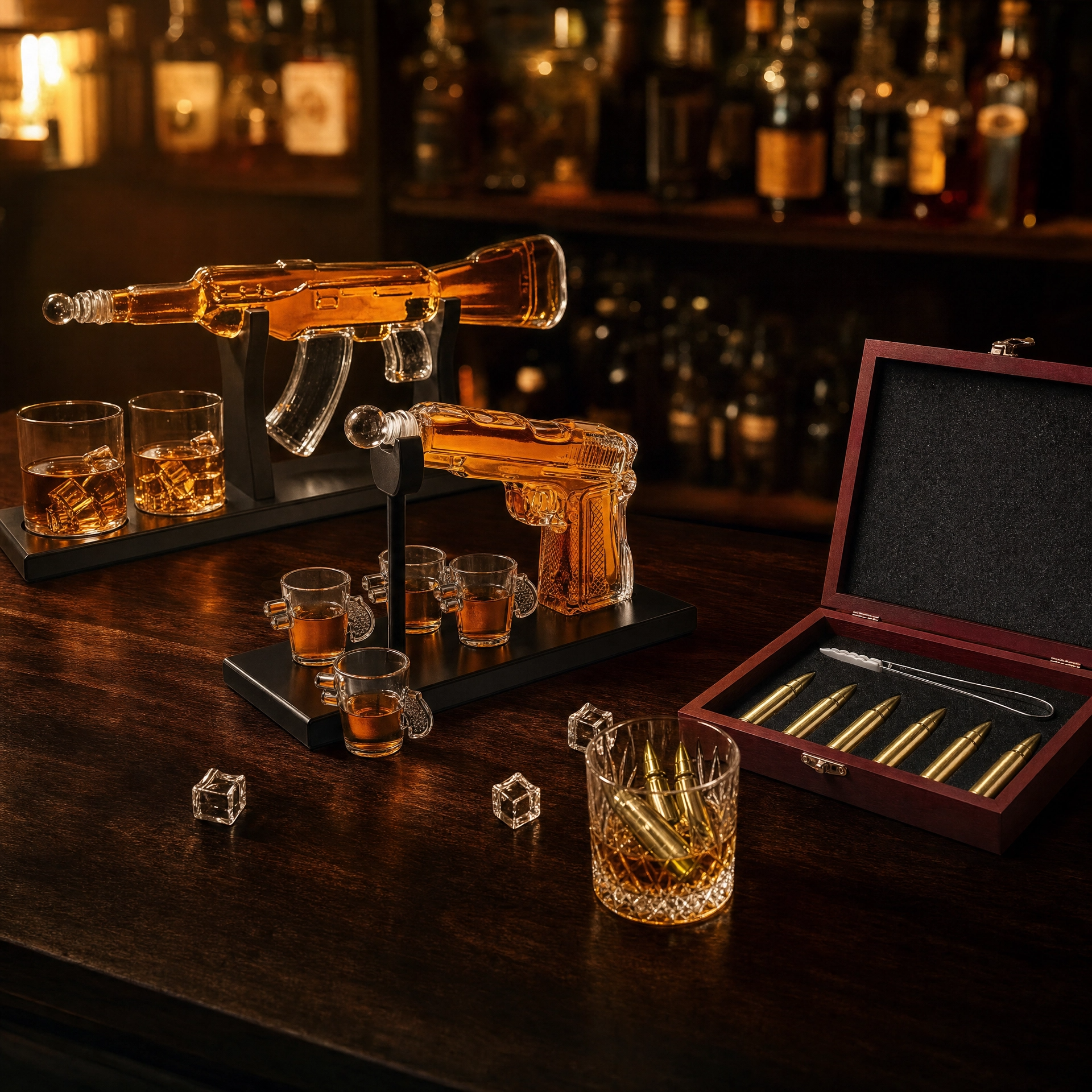 Don Vassie Ultimate Whiskey Bundle — Rifle Decanter 800ml + Pistol Decanter 220ml + Gold Bullet Chillers | 3-Piece Luxury Gift Set