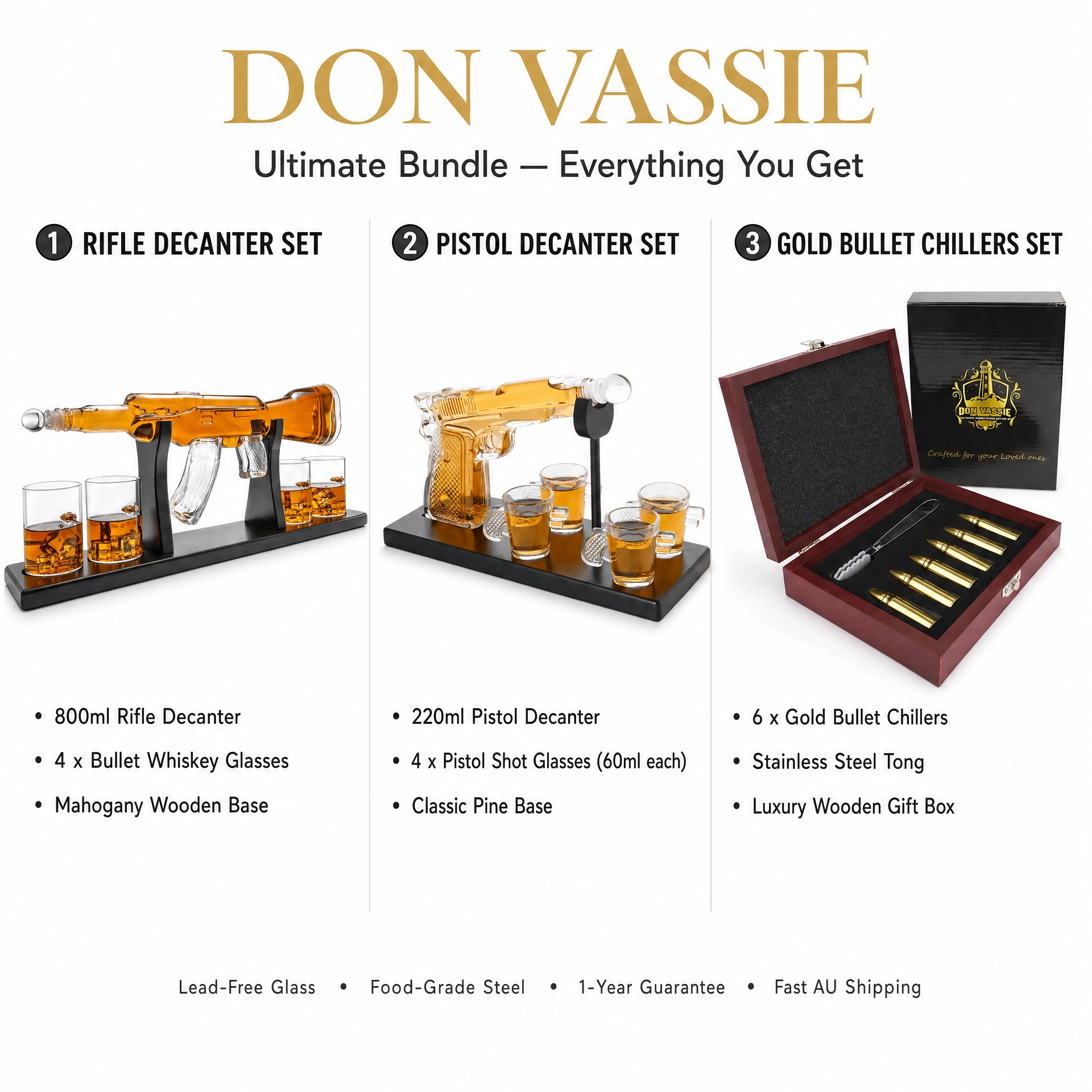Don Vassie Ultimate Whiskey Bundle — Rifle Decanter 800ml + Pistol Decanter 220ml + Gold Bullet Chillers | 3-Piece Luxury Gift Set