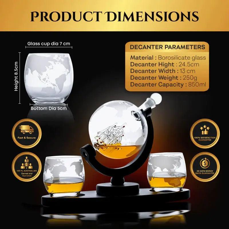 whiskey decanter globe set with 2 etched globe whisky glasses2