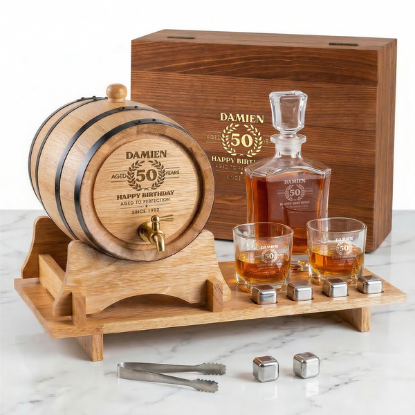 The Ultimate Whisky Experience Set – Personalised Oak Barrel  & Decanter set  Bundle