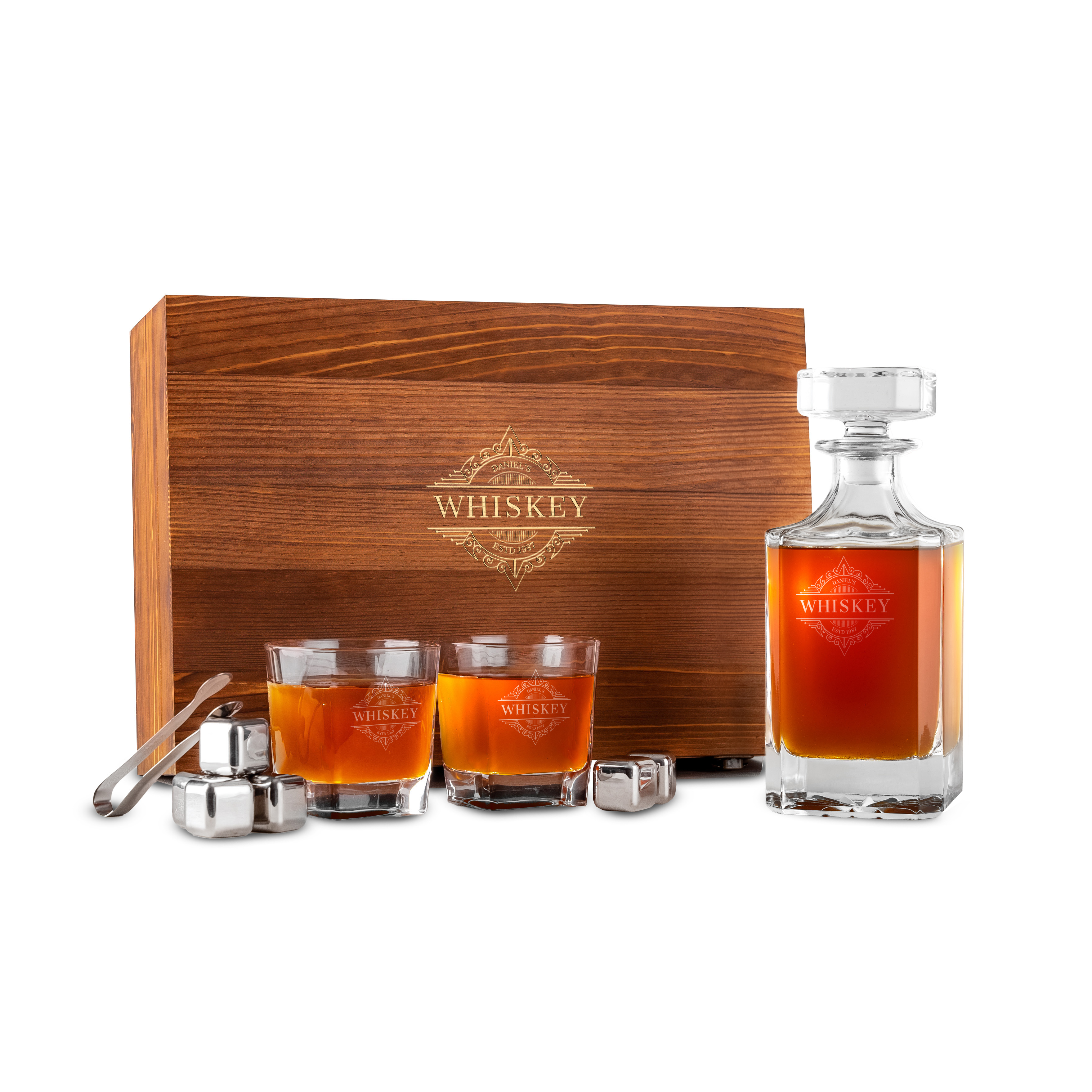 Custom Engraved Elegant Whiskey Decanter Set with Stainless Steel Stones and a Wooden Gift Box