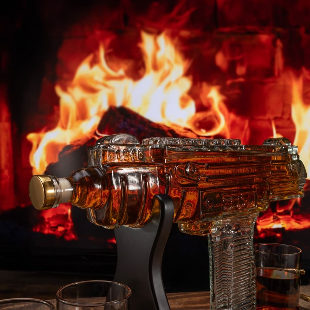 Uzi Submachine Gun Whiskey Gun Decanter 1000ml with 4 Bullet Whiskey Glasses & Wooden Base