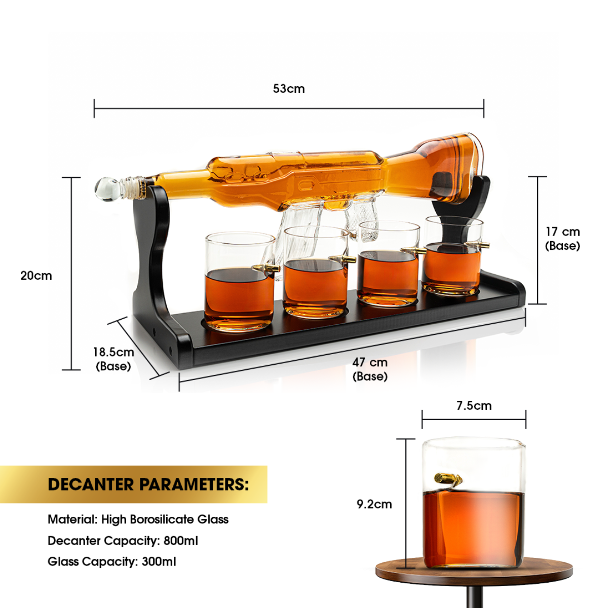 Limited Edition Rifle Gun Decanter 800ml with 4 Bullet  Glasses and elegant wooden display