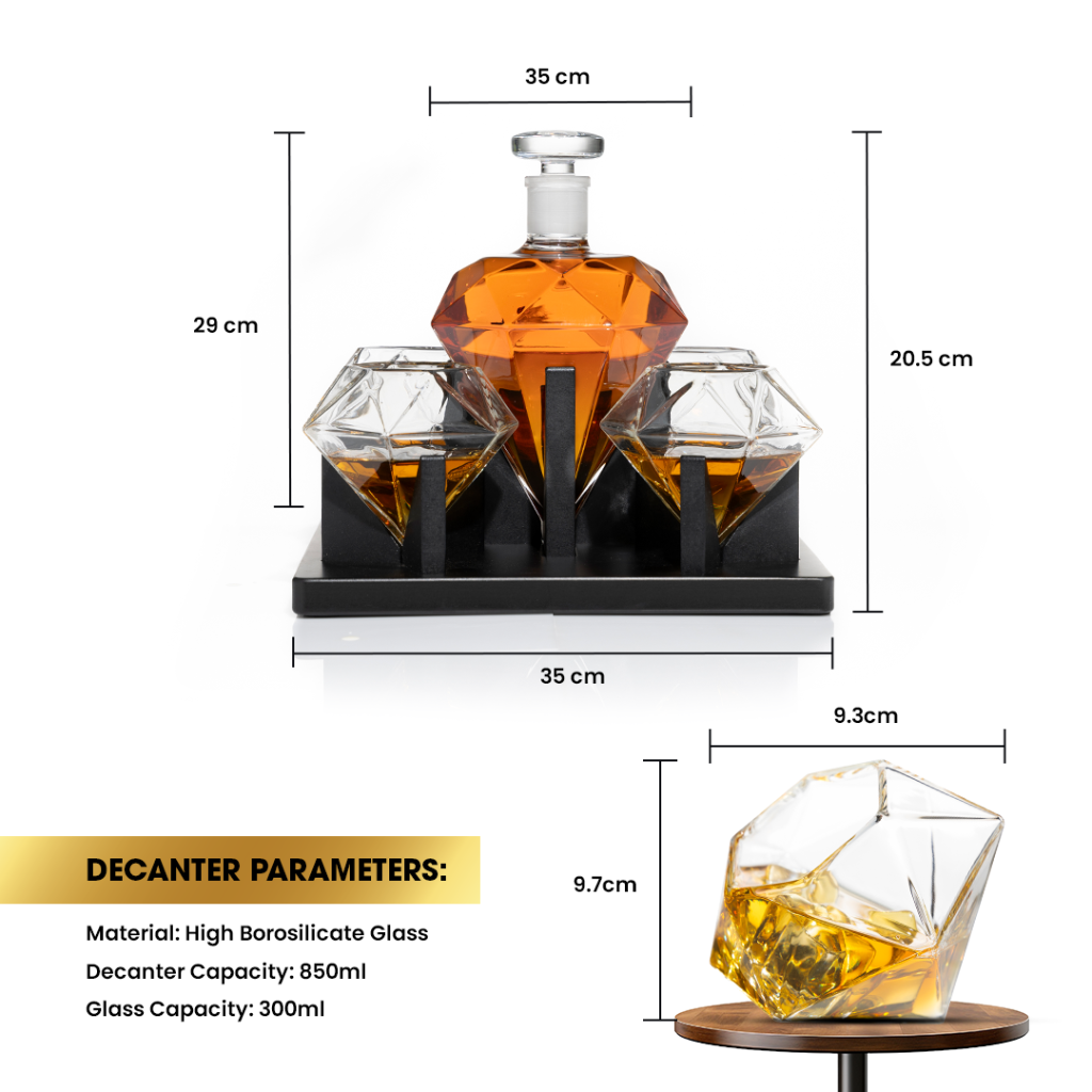 Don Vassie Diamond Shaped Decanter 850ml with 4 matching glasses and an intrinsically designed wooden display.