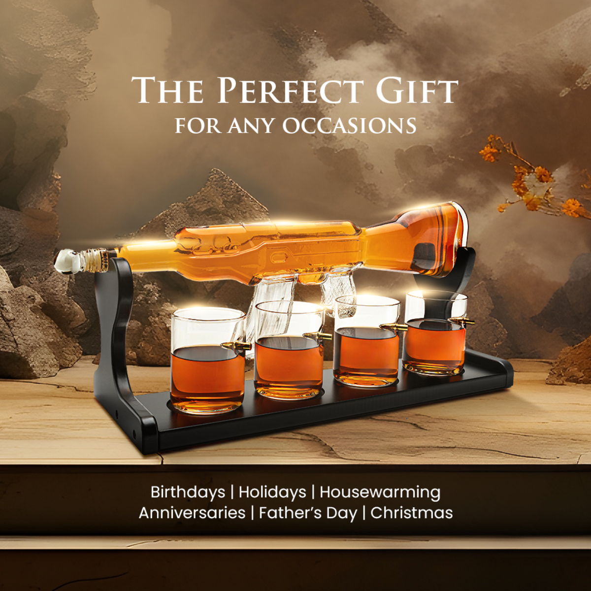 Limited Edition Rifle Gun Decanter 800ml with 4 Bullet  Glasses and elegant wooden display