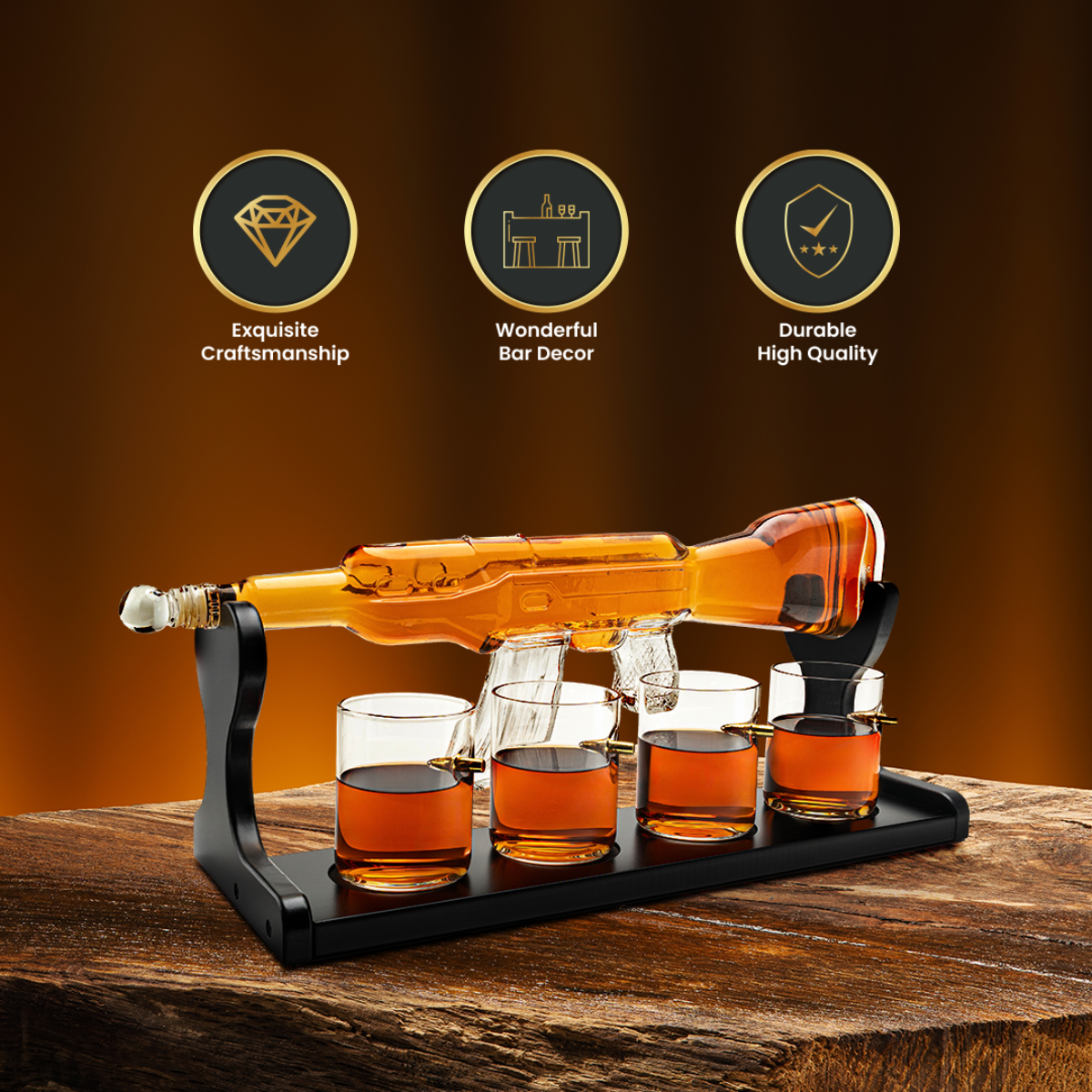 Limited Edition Rifle Gun Decanter 800ml with 4 Bullet  Glasses and elegant wooden display