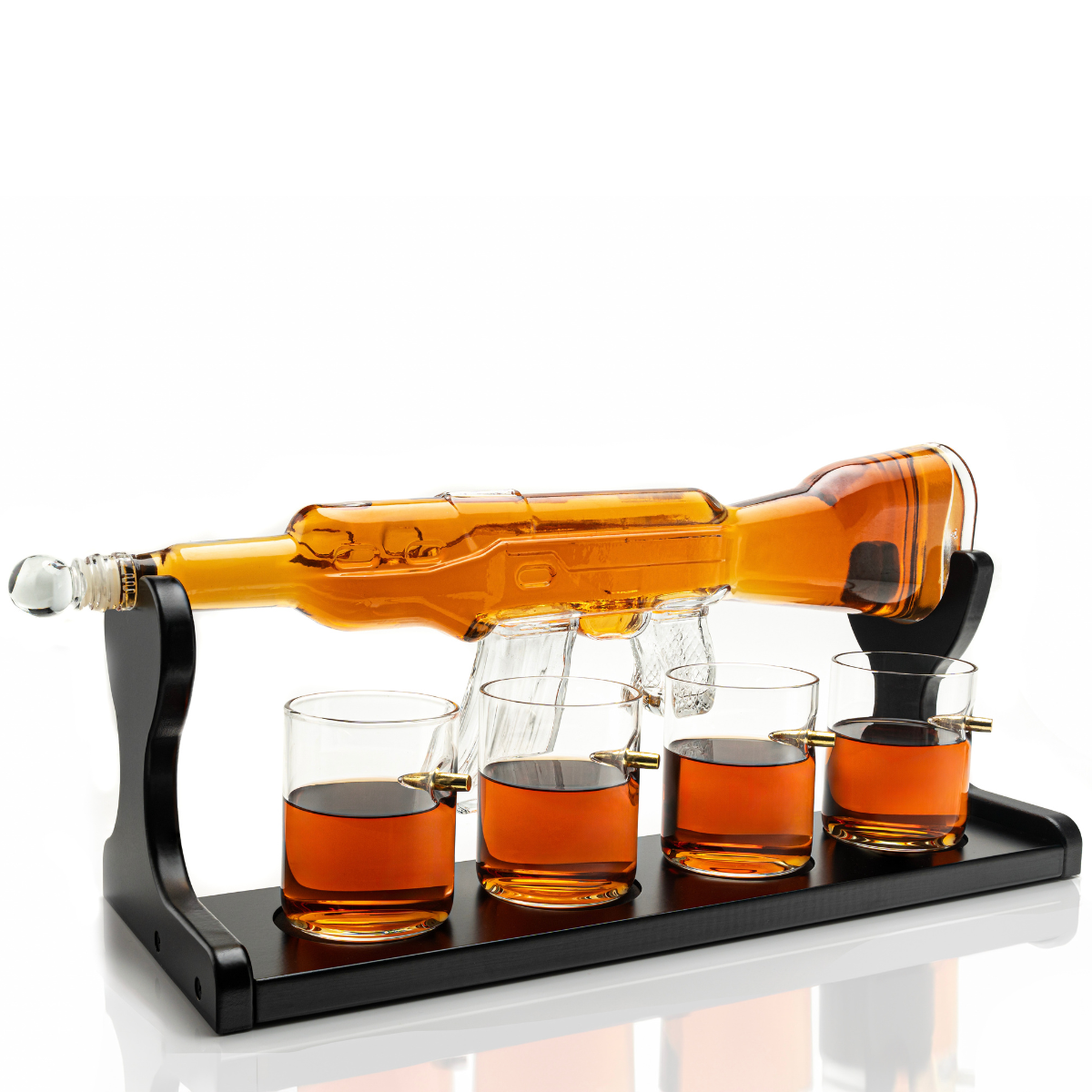 Limited Edition Rifle Gun Decanter 800ml with 4 Bullet  Glasses and elegant wooden display