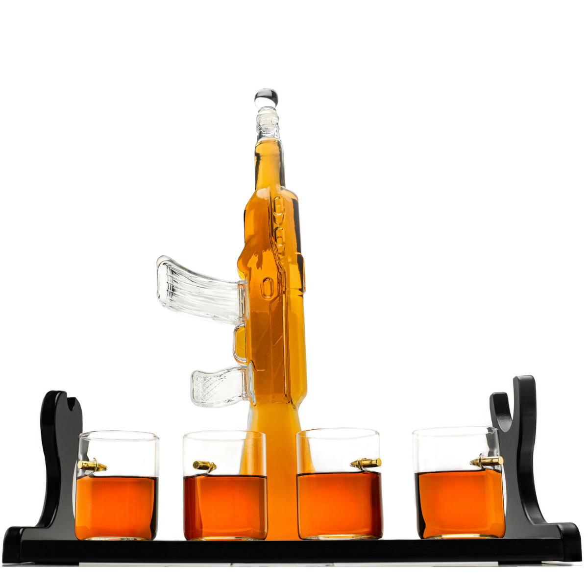 Limited Edition Rifle Gun Decanter 800ml with 4 Bullet  Glasses and elegant wooden display